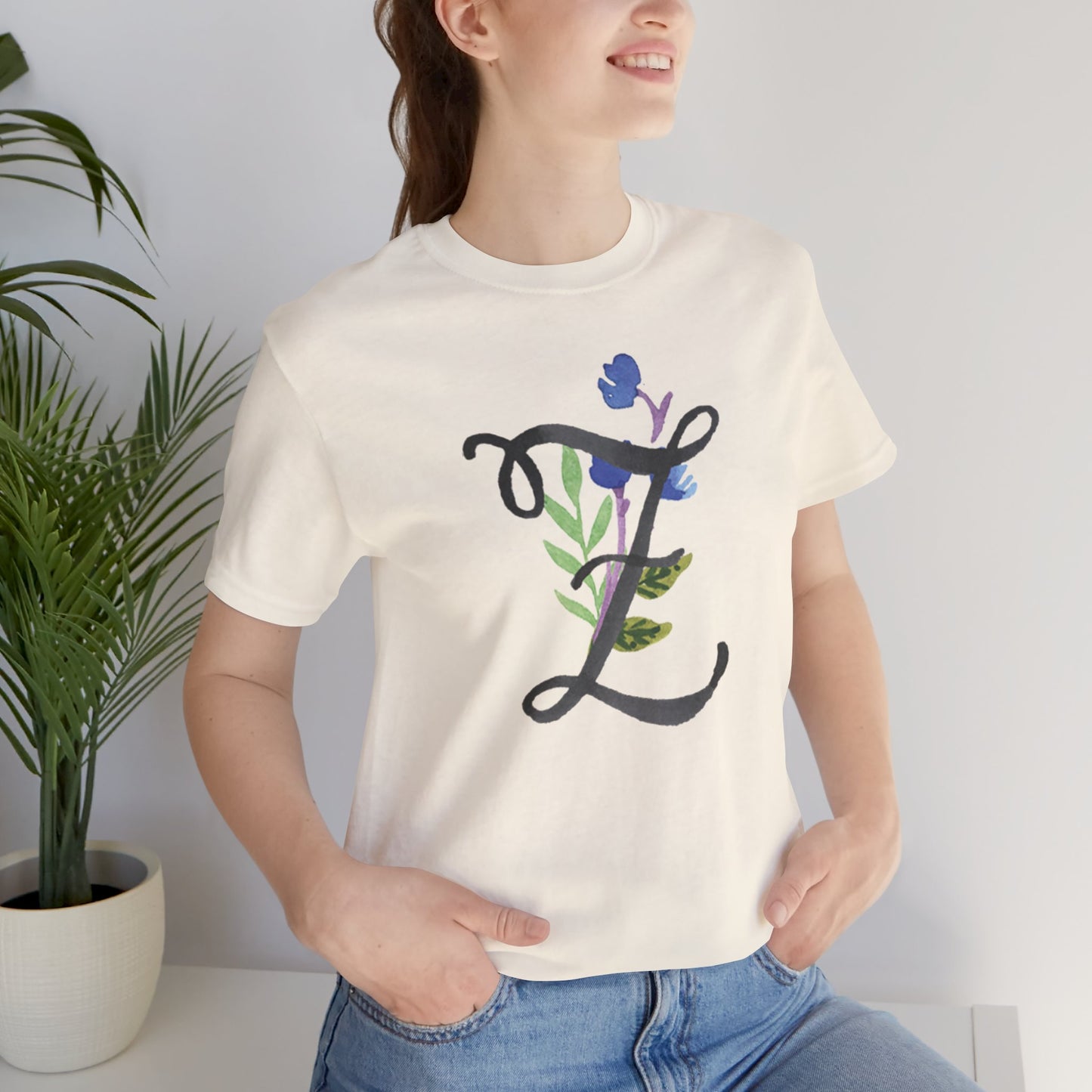 Clothing Stuff > Shirts & Tops > Unisex Jersey Tee Watercolor Flower Letter Z T-Shirt – Garden Nerd Tee for Plant Moms