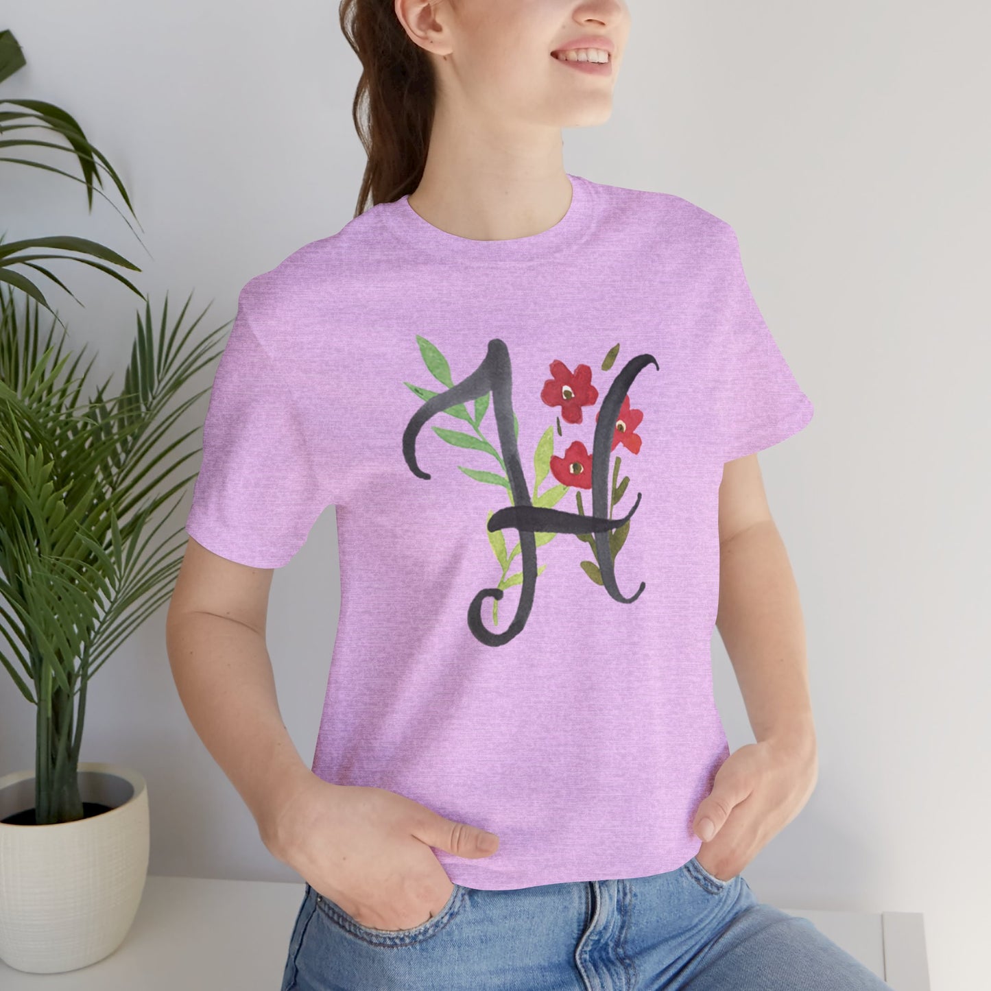 Clothing Stuff > Shirts & Tops > Unisex Jersey Tee Watercolor Flower Letter H T-Shirt – Garden Nerd Tee for Plant Moms