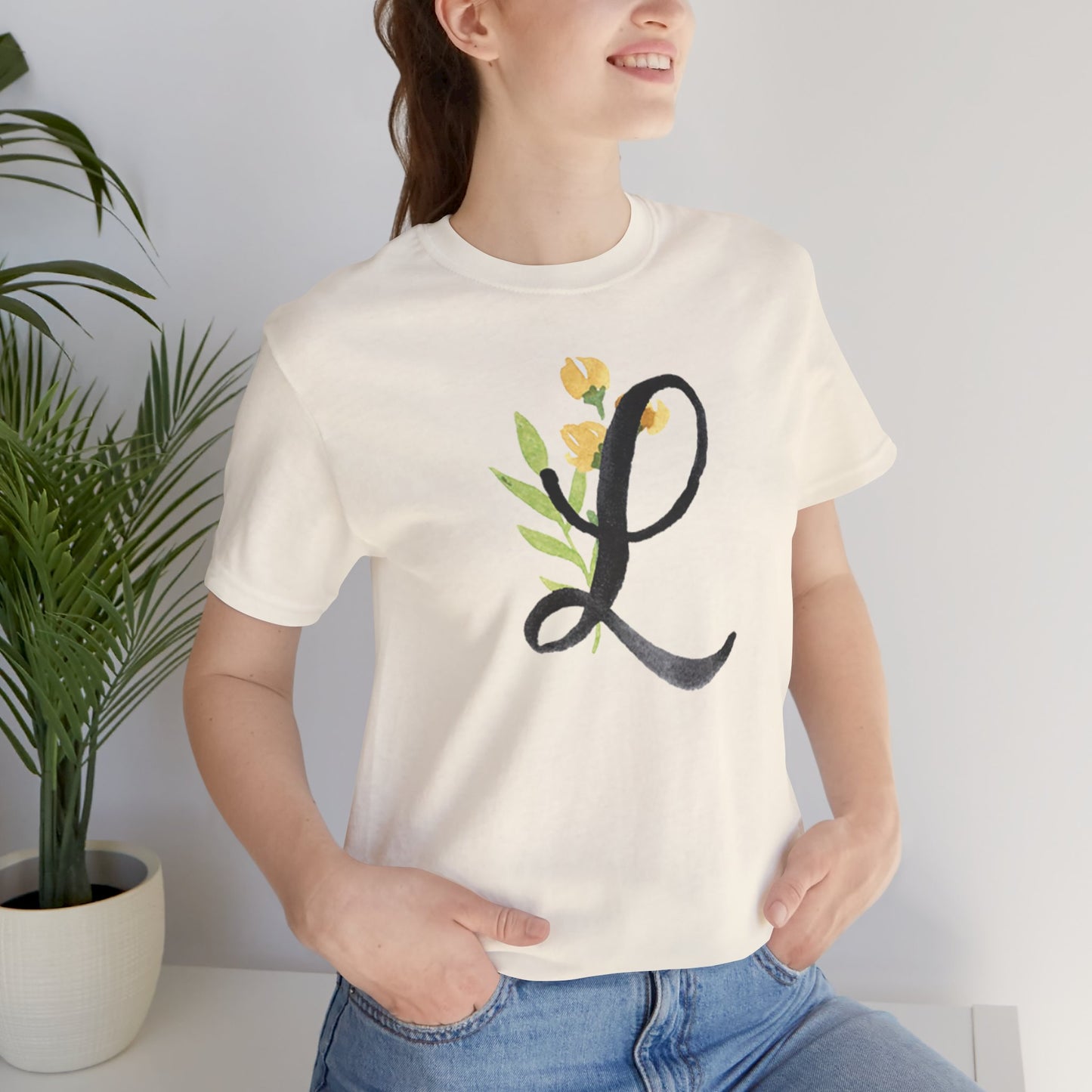 Clothing Stuff > Shirts & Tops > Unisex Jersey Tee Watercolor Flower Letter L T-Shirt – Garden Nerd Tee for Plant Moms