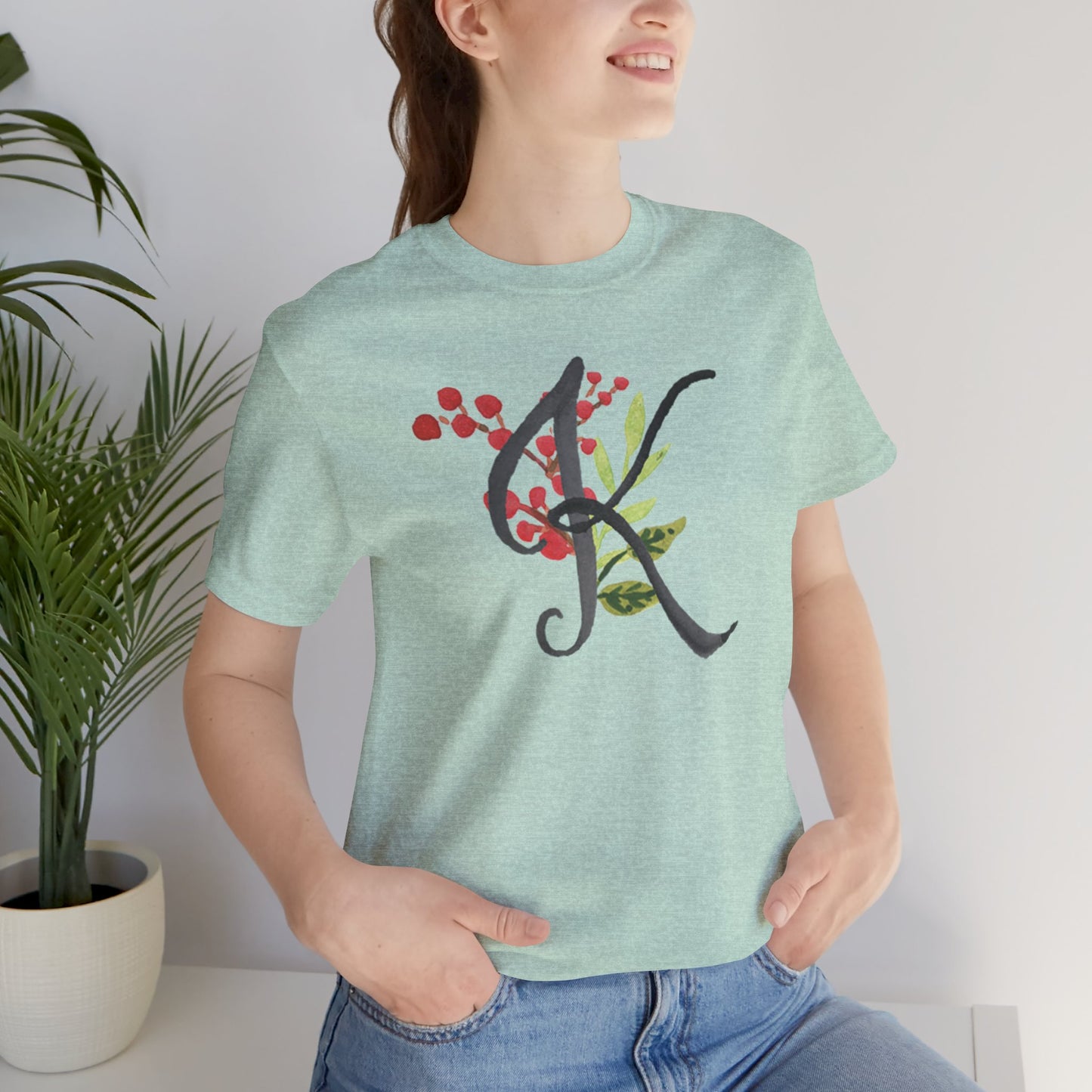 Clothing Stuff > Shirts & Tops > Unisex Jersey Tee Watercolor Flower Letter K T-Shirt – Garden Nerd Tee for Plant Moms