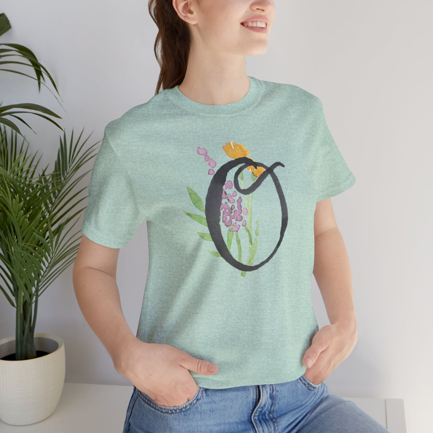 Clothing Stuff > Shirts & Tops > Unisex Jersey Tee Watercolor Flower Letter O T-Shirt – Garden Nerd Tee for Plant Moms