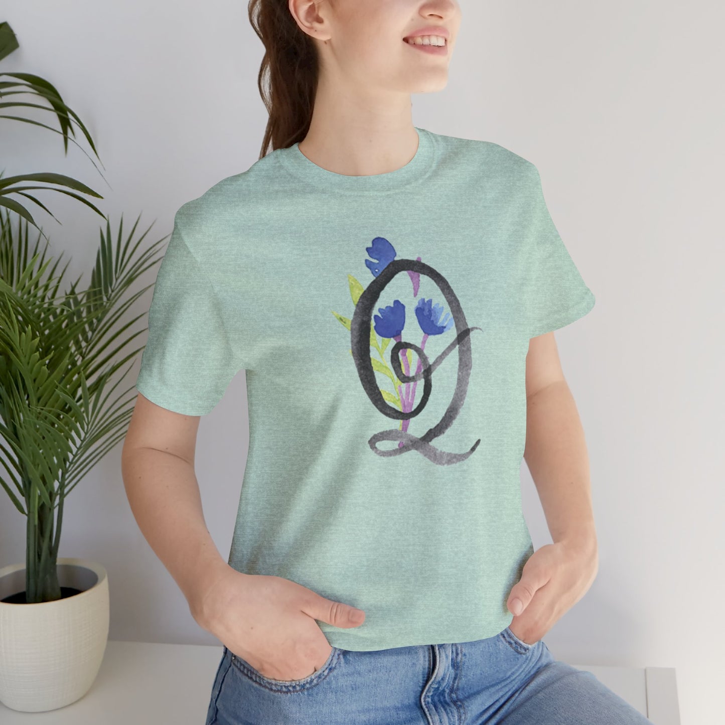 Clothing Stuff > Shirts & Tops > Unisex Jersey Tee Watercolor Flower Letter Q T-Shirt – Garden Nerd Tee for Plant Moms