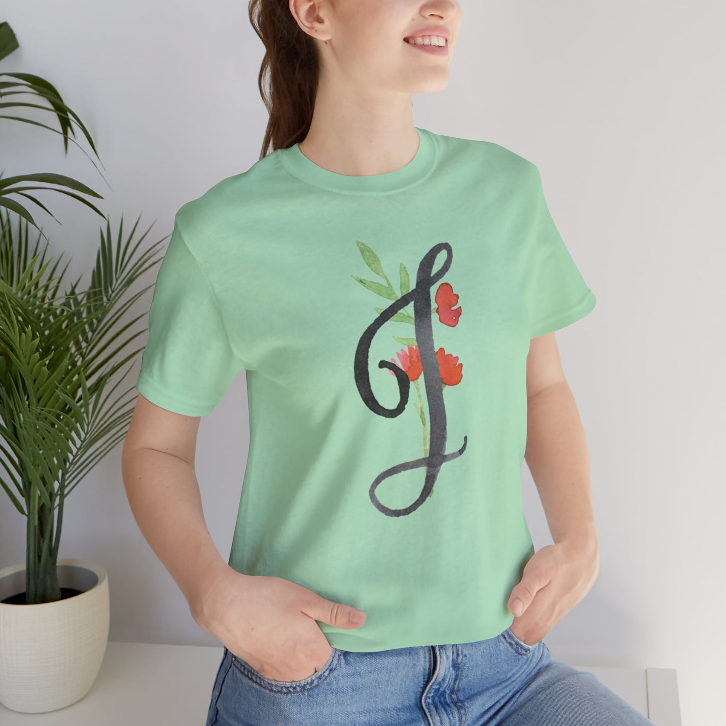 Clothing Stuff > Shirts & Tops > Unisex Jersey Tee Watercolor Flower Letter J T-Shirt – Garden Nerd Tee for Plant Moms