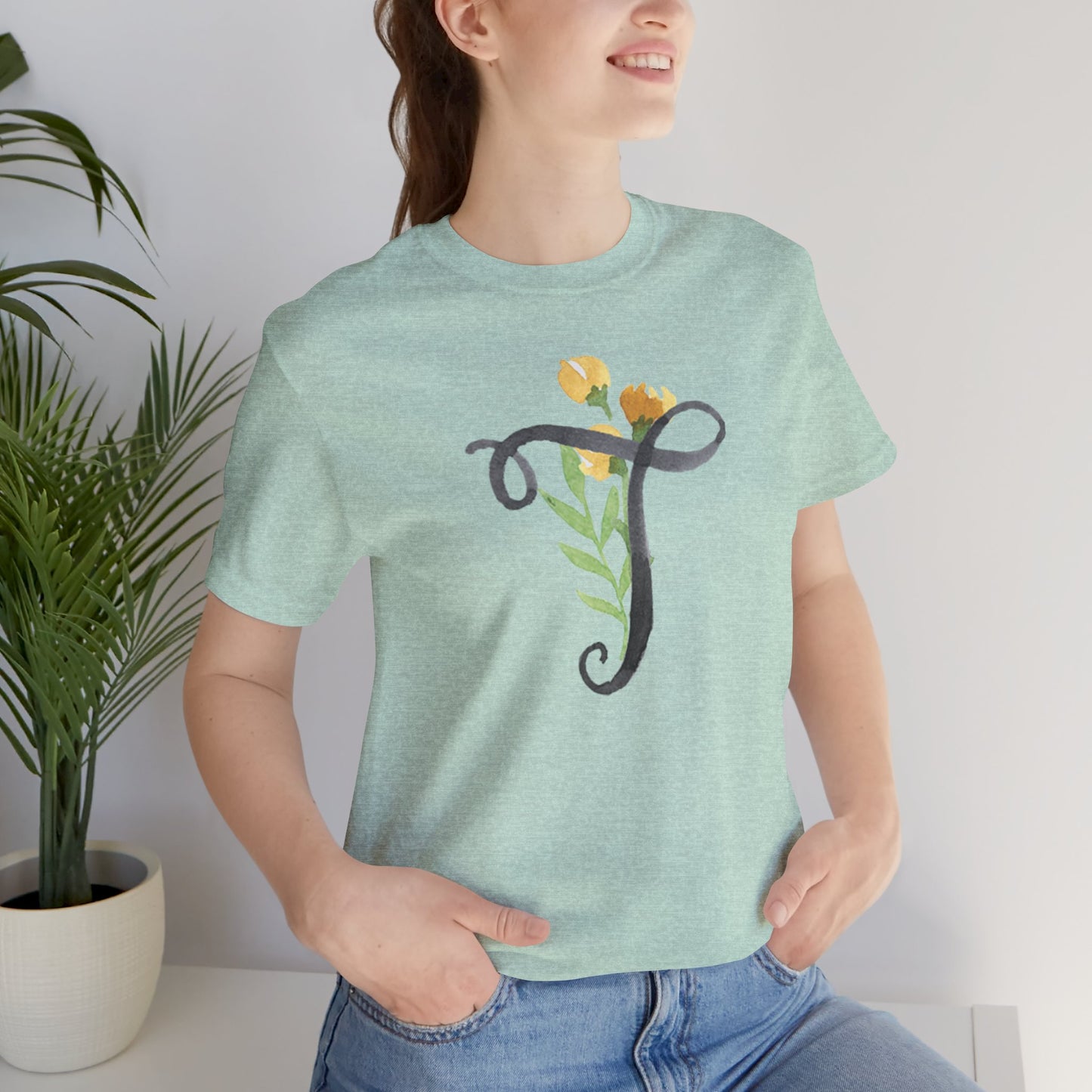 Clothing Stuff > Shirts & Tops > Unisex Jersey Tee Watercolor Flower Letter T T-Shirt – Garden Nerd Tee for Plant Moms