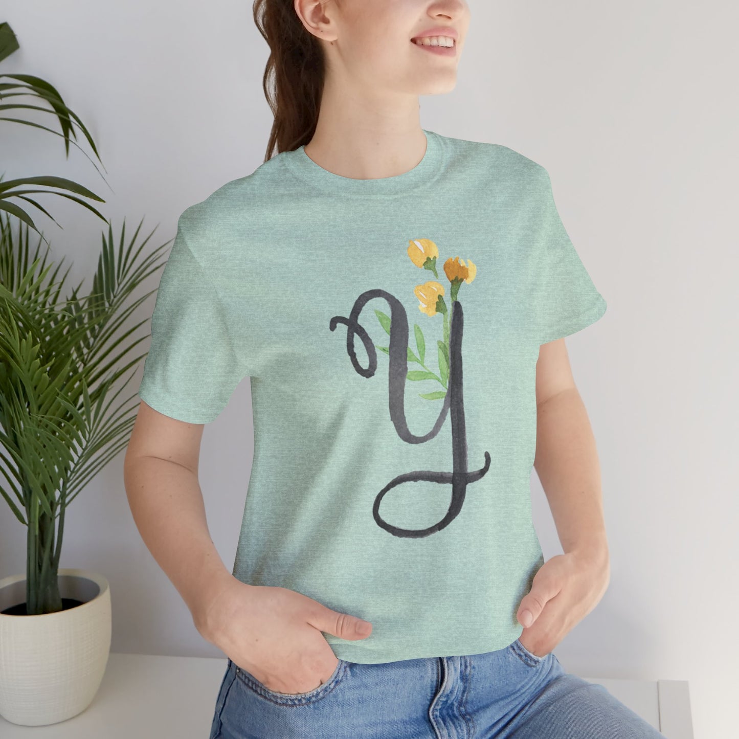 Clothing Stuff > Shirts & Tops > Unisex Jersey Tee Watercolor Flower Letter Y T-Shirt – Garden Nerd Tee for Plant Moms