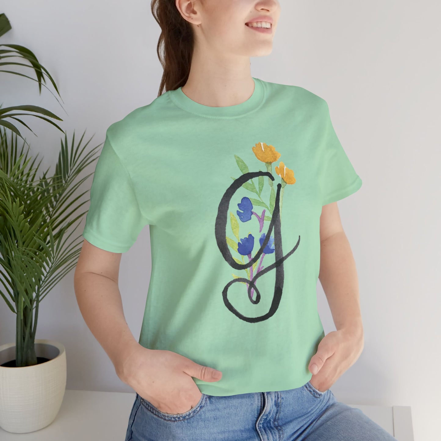 Clothing Stuff > Shirts & Tops > Unisex Jersey Tee Watercolor Flower Letter G T-Shirt – Garden Nerd Tee for Plant Moms