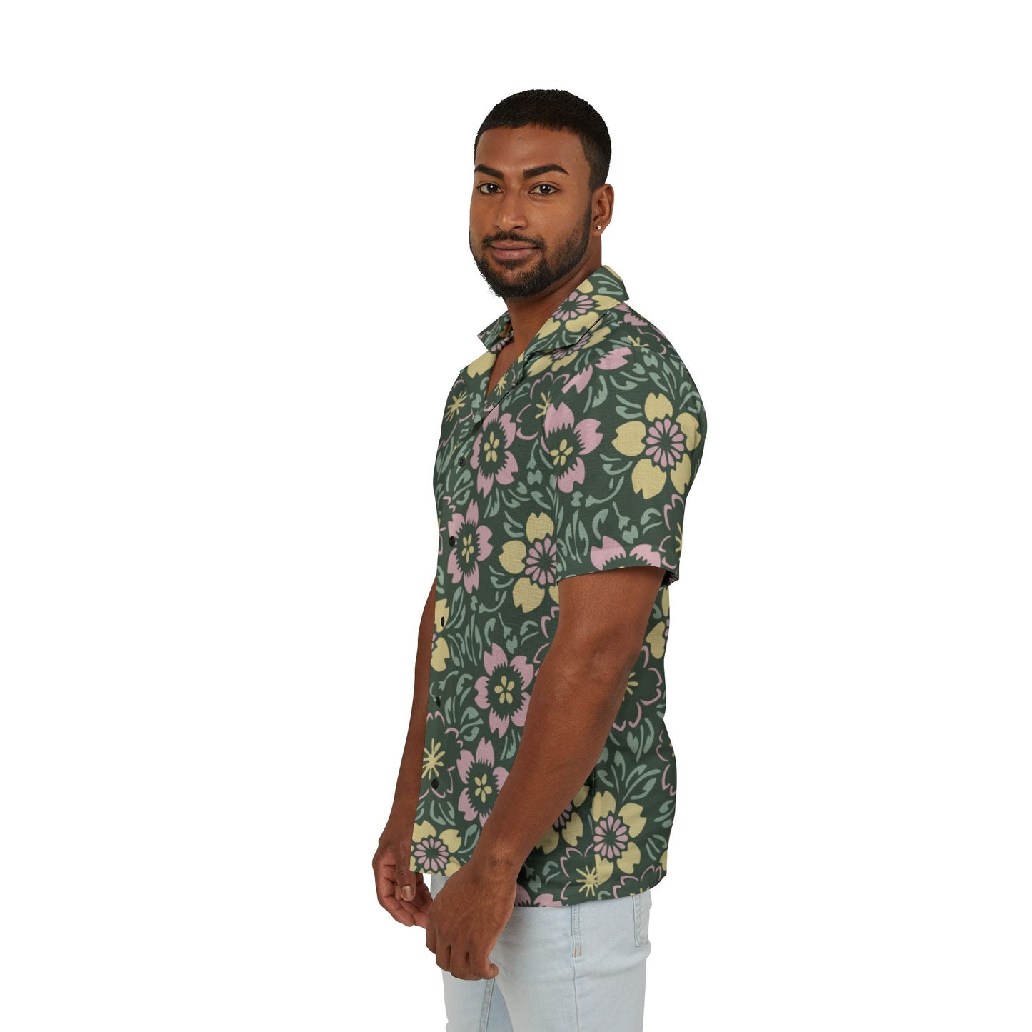 Clothing Stuff > Shirts & Tops > Hawaiian Camp Shirt Floral Camp Shirt | Retro Hawaiian Button-Down with Light Pink & Green Print