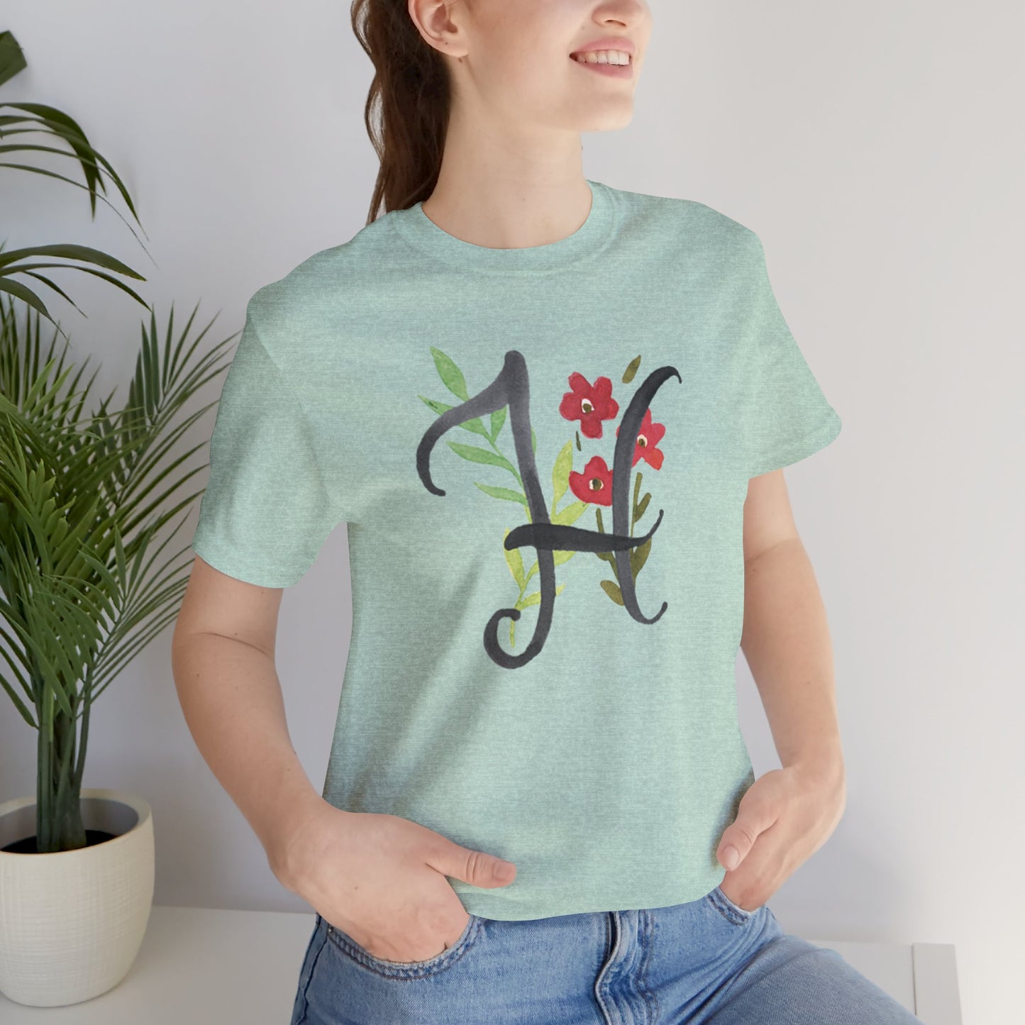 Clothing Stuff > Shirts & Tops > Unisex Jersey Tee Watercolor Flower Letter H T-Shirt – Garden Nerd Tee for Plant Moms