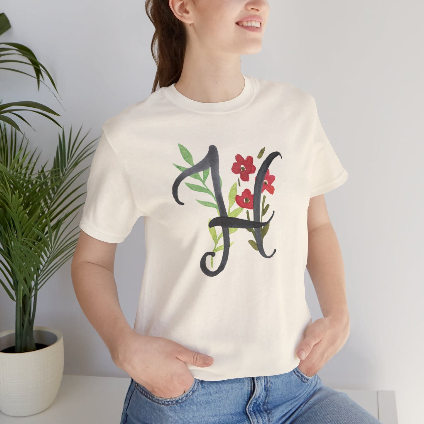 Clothing Stuff > Shirts & Tops > Unisex Jersey Tee Watercolor Flower Letter H T-Shirt – Garden Nerd Tee for Plant Moms