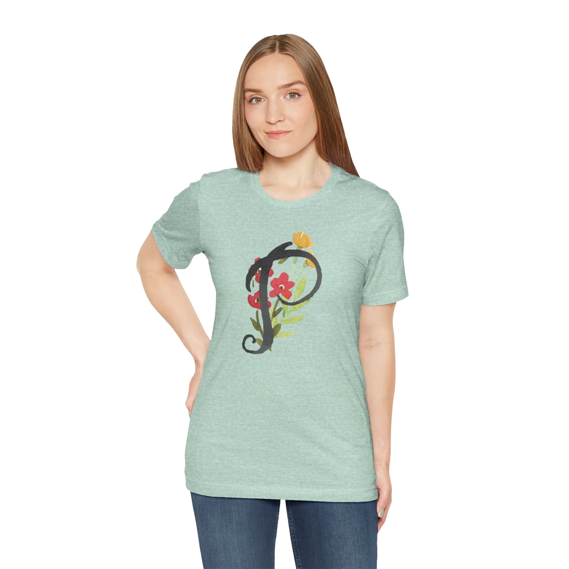 Clothing Stuff > Shirts & Tops > Unisex Jersey Tee Watercolor Flower Letter P T-Shirt – Garden Nerd Tee for Plant Moms