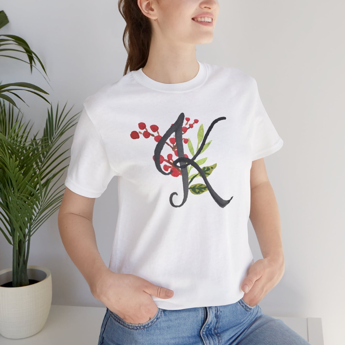 Clothing Stuff > Shirts & Tops > Unisex Jersey Tee Watercolor Flower Letter K T-Shirt – Garden Nerd Tee for Plant Moms