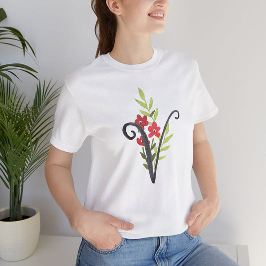 Clothing Stuff > Shirts & Tops > Unisex Jersey Tee Watercolor Flower Letter V T-Shirt – Garden Nerd Tee for Plant Moms