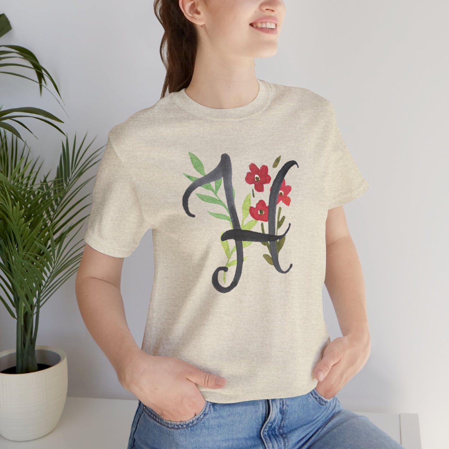 Clothing Stuff > Shirts & Tops > Unisex Jersey Tee Watercolor Flower Letter H T-Shirt – Garden Nerd Tee for Plant Moms