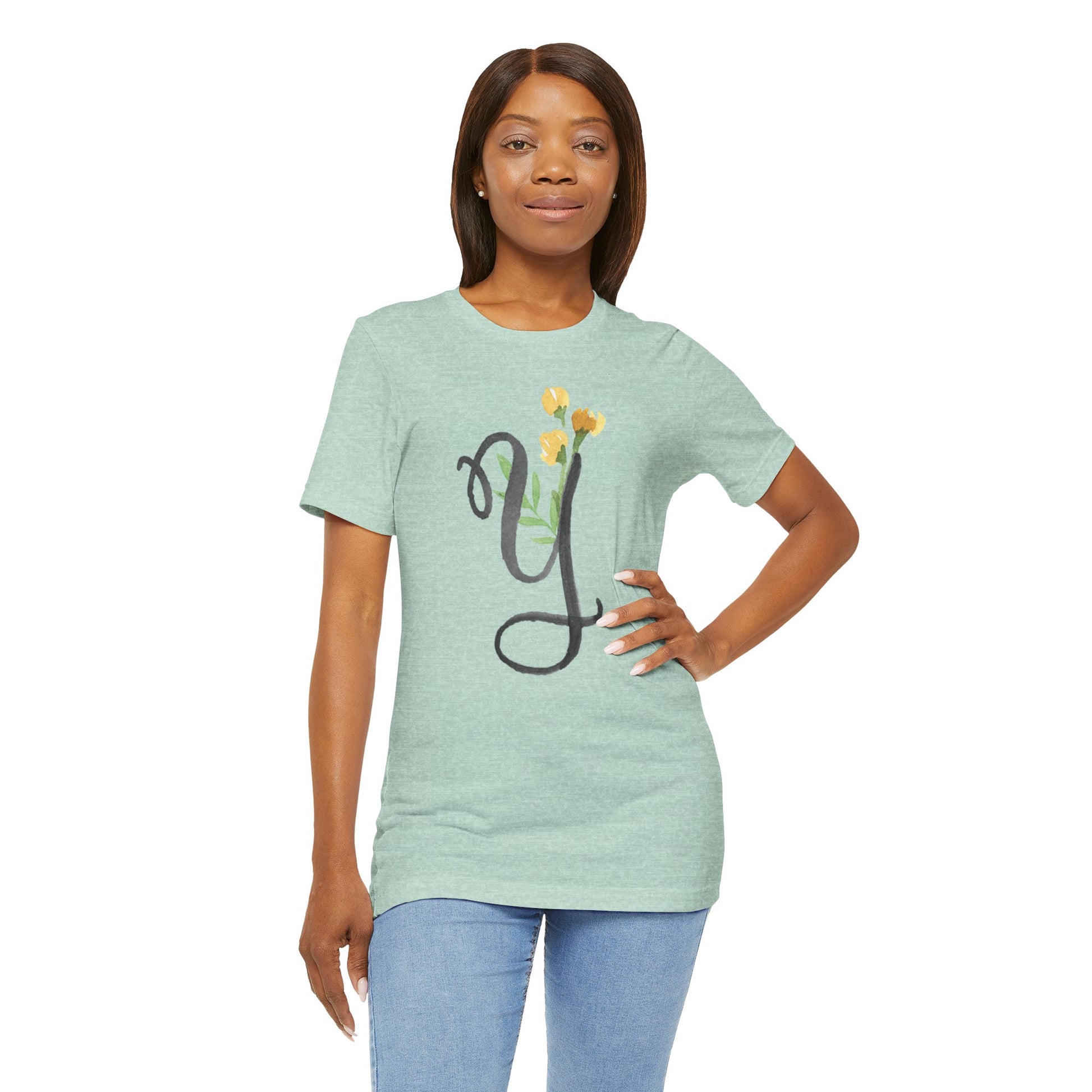Clothing Stuff > Shirts & Tops > Unisex Jersey Tee Watercolor Flower Letter Y T-Shirt – Garden Nerd Tee for Plant Moms