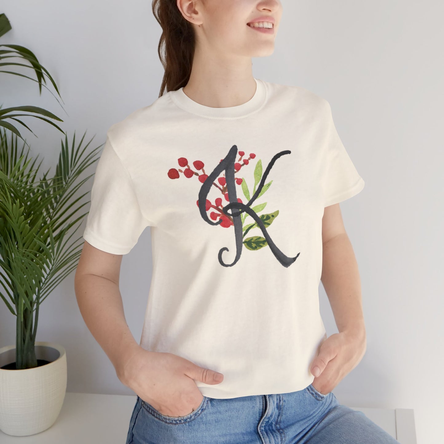 Clothing Stuff > Shirts & Tops > Unisex Jersey Tee Watercolor Flower Letter K T-Shirt – Garden Nerd Tee for Plant Moms