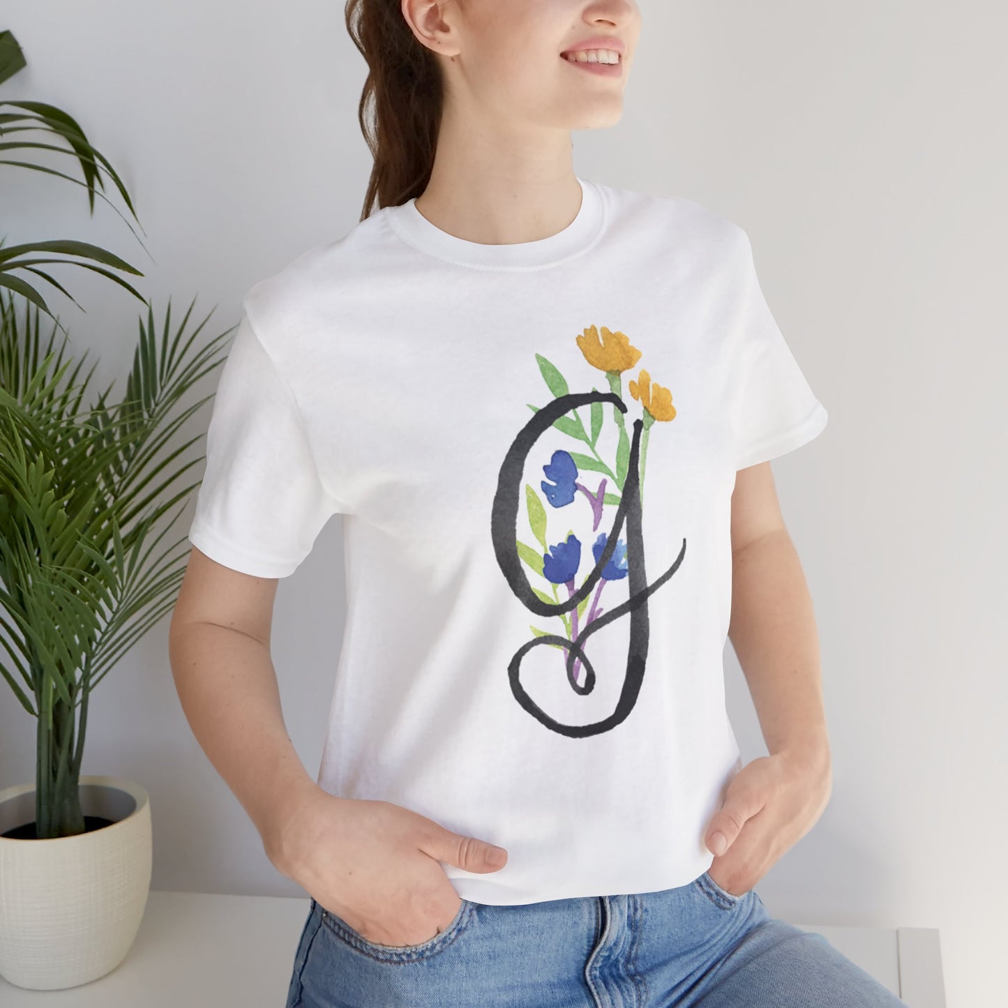 Clothing Stuff > Shirts & Tops > Unisex Jersey Tee Watercolor Flower Letter G T-Shirt – Garden Nerd Tee for Plant Moms