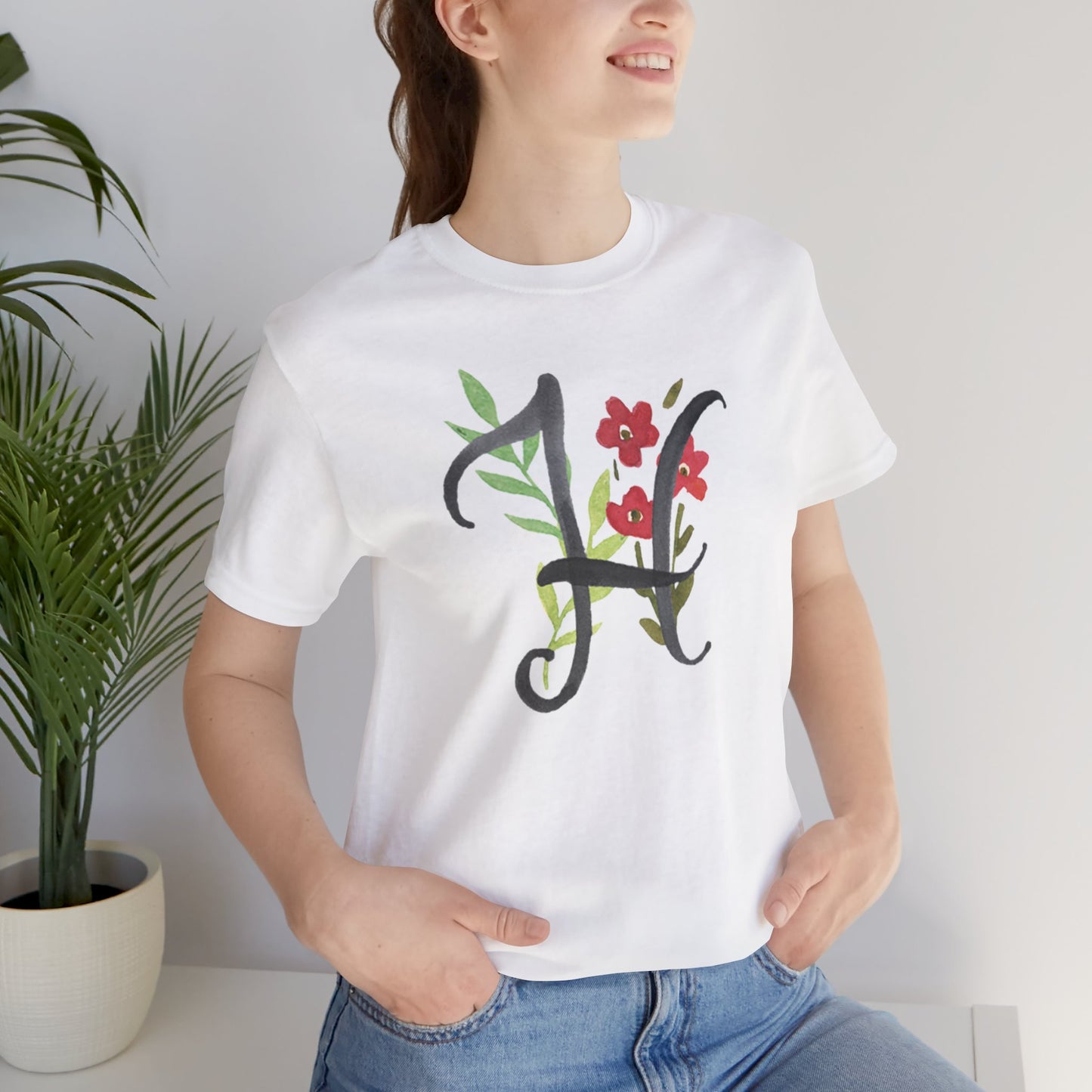Clothing Stuff > Shirts & Tops > Unisex Jersey Tee Watercolor Flower Letter H T-Shirt – Garden Nerd Tee for Plant Moms