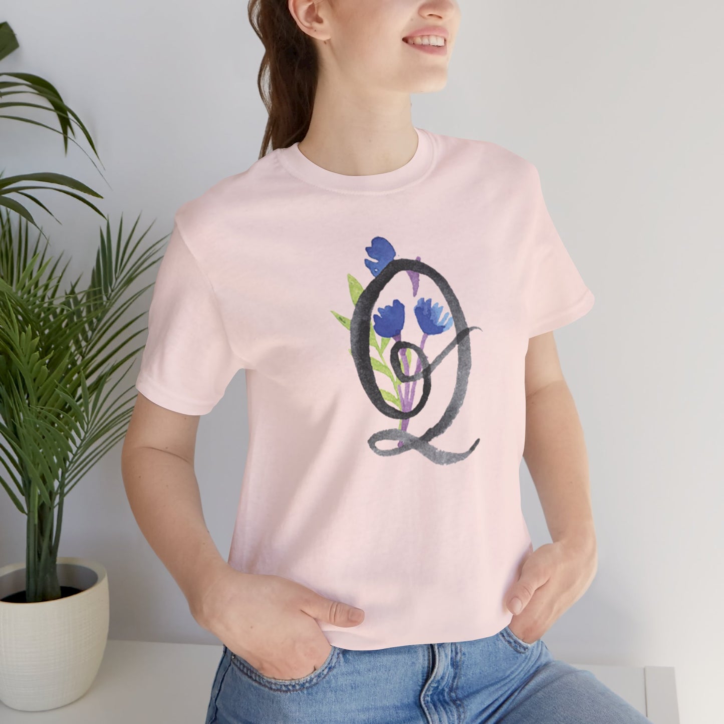 Clothing Stuff > Shirts & Tops > Unisex Jersey Tee Watercolor Flower Letter Q T-Shirt – Garden Nerd Tee for Plant Moms