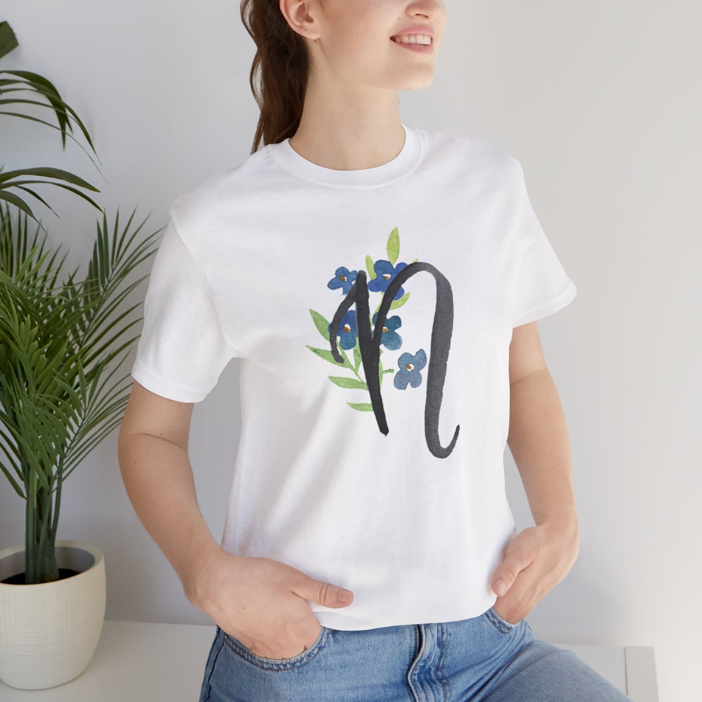Clothing Stuff > Shirts & Tops > Unisex Jersey Tee Watercolor Flower Letter N T-Shirt – Garden Nerd Tee for Plant Moms