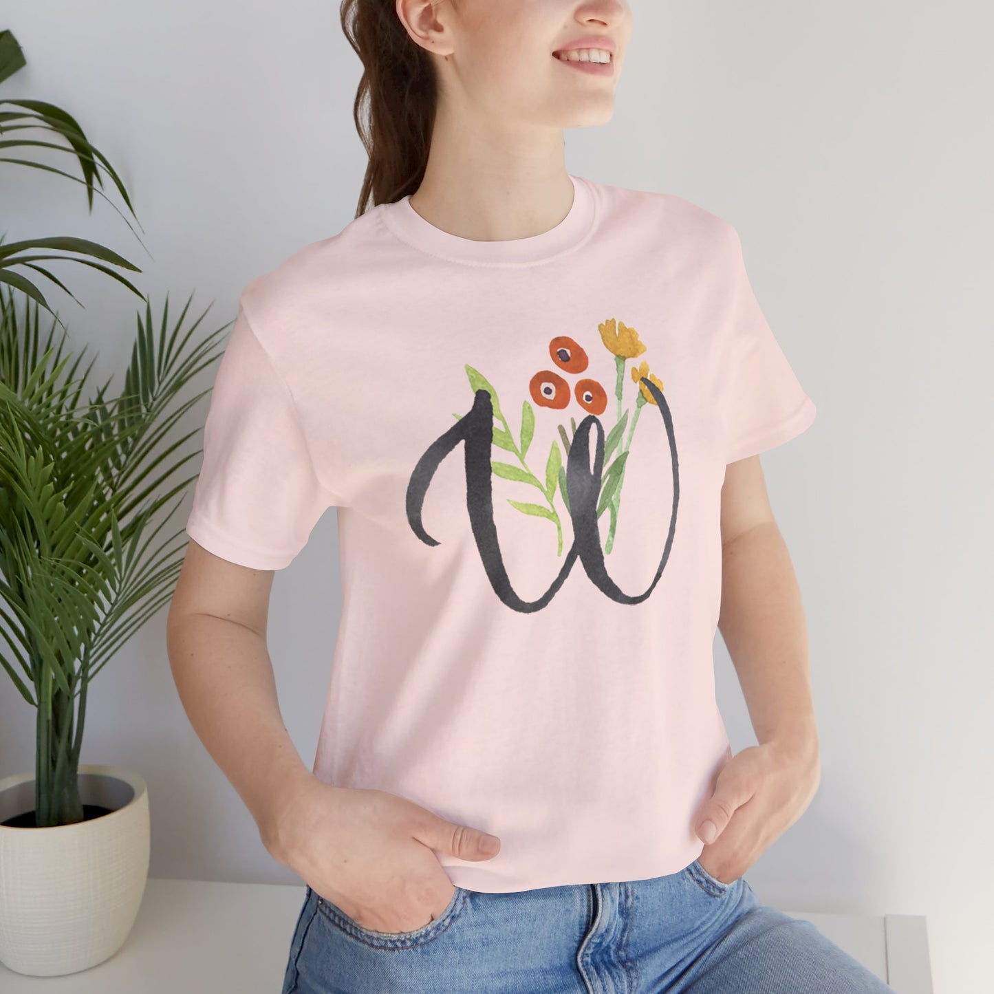 Clothing Stuff > Shirts & Tops > Unisex Jersey Tee Watercolor Flower Letter W T-Shirt – Garden Nerd Tee for Plant Moms