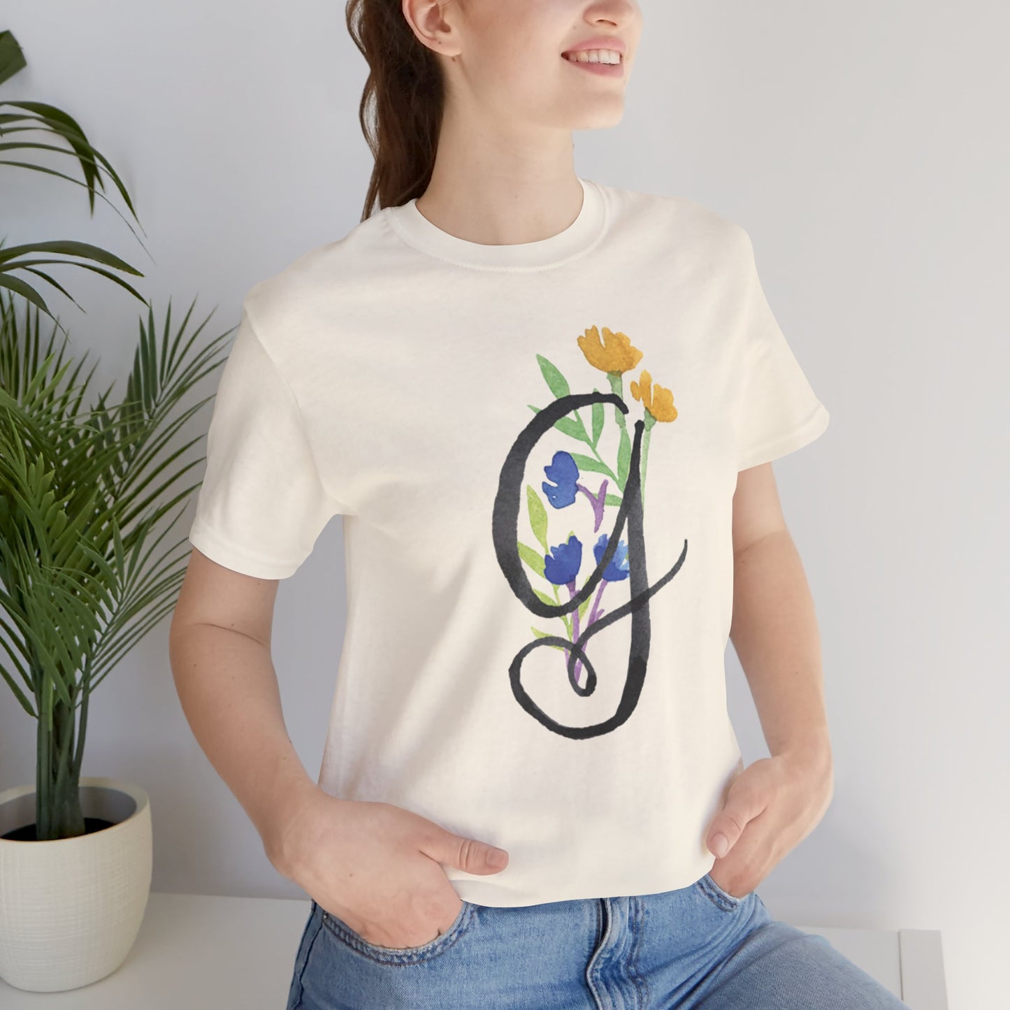 Clothing Stuff > Shirts & Tops > Unisex Jersey Tee Watercolor Flower Letter G T-Shirt – Garden Nerd Tee for Plant Moms