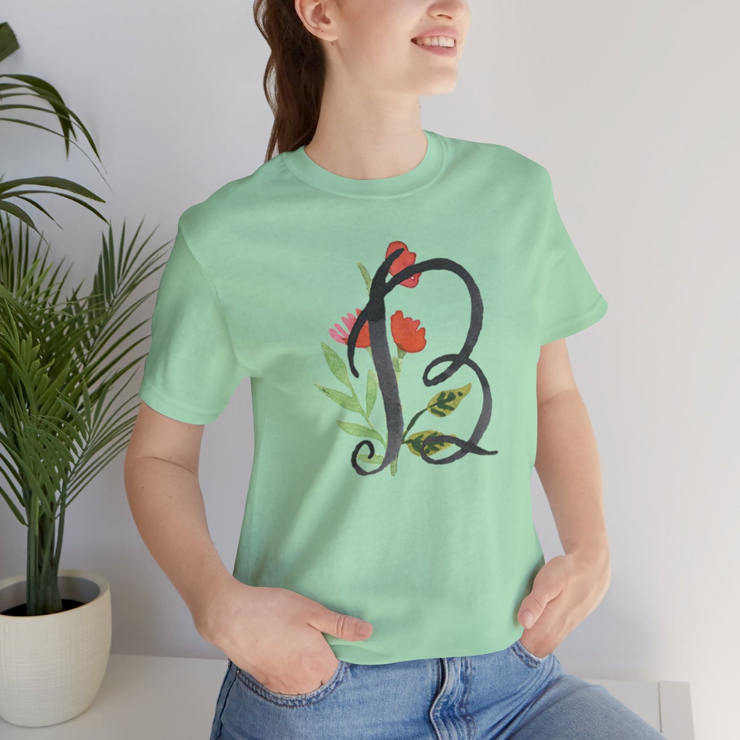 Clothing Stuff > Shirts & Tops > Unisex Jersey Tee Watercolor Flower Letter B T-Shirt – Garden Nerd Tee for Plant Moms