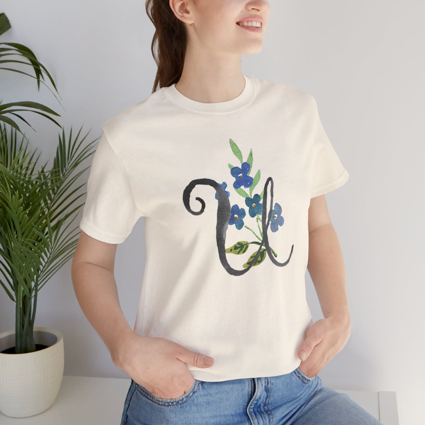 Clothing Stuff > Shirts & Tops > Unisex Jersey Tee Watercolor Flower Letter U T-Shirt – Garden Nerd Tee for Plant Moms