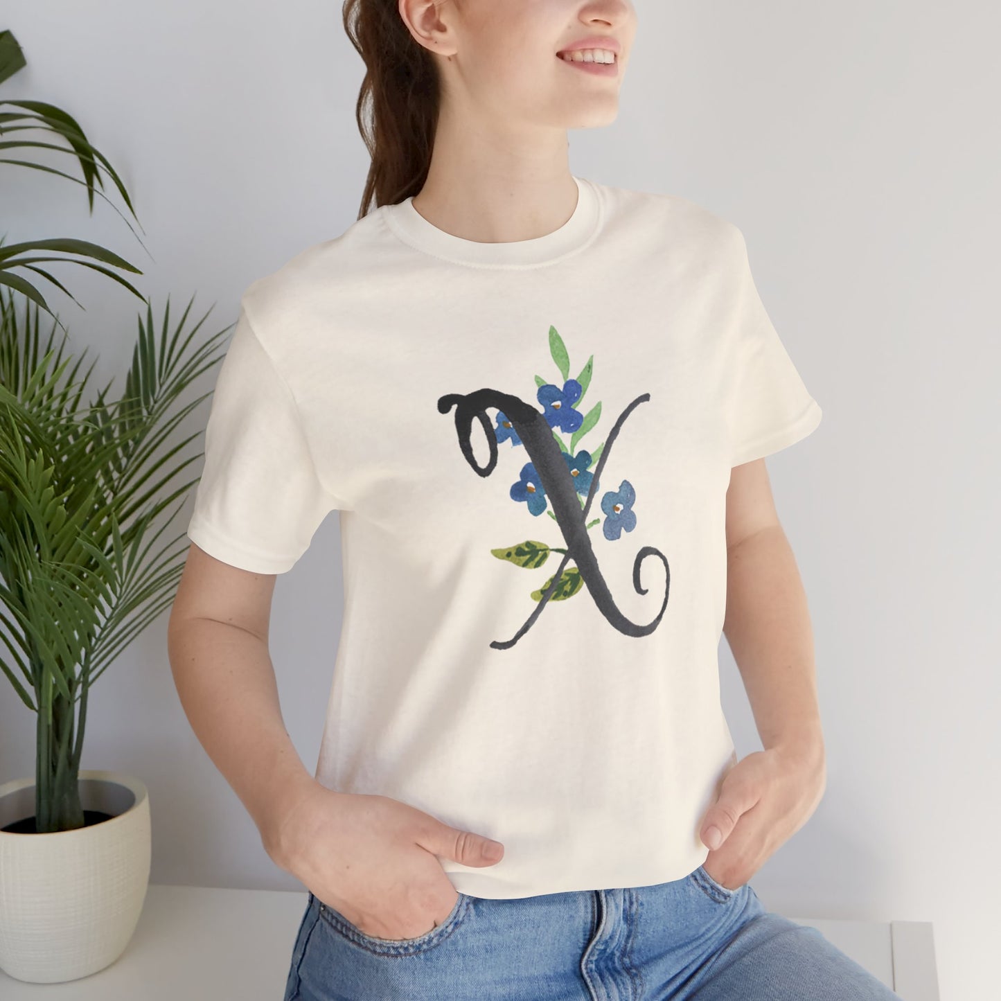 Clothing Stuff > Shirts & Tops > Unisex Jersey Tee Watercolor Flower Letter X T-Shirt – Garden Nerd Tee for Plant Moms