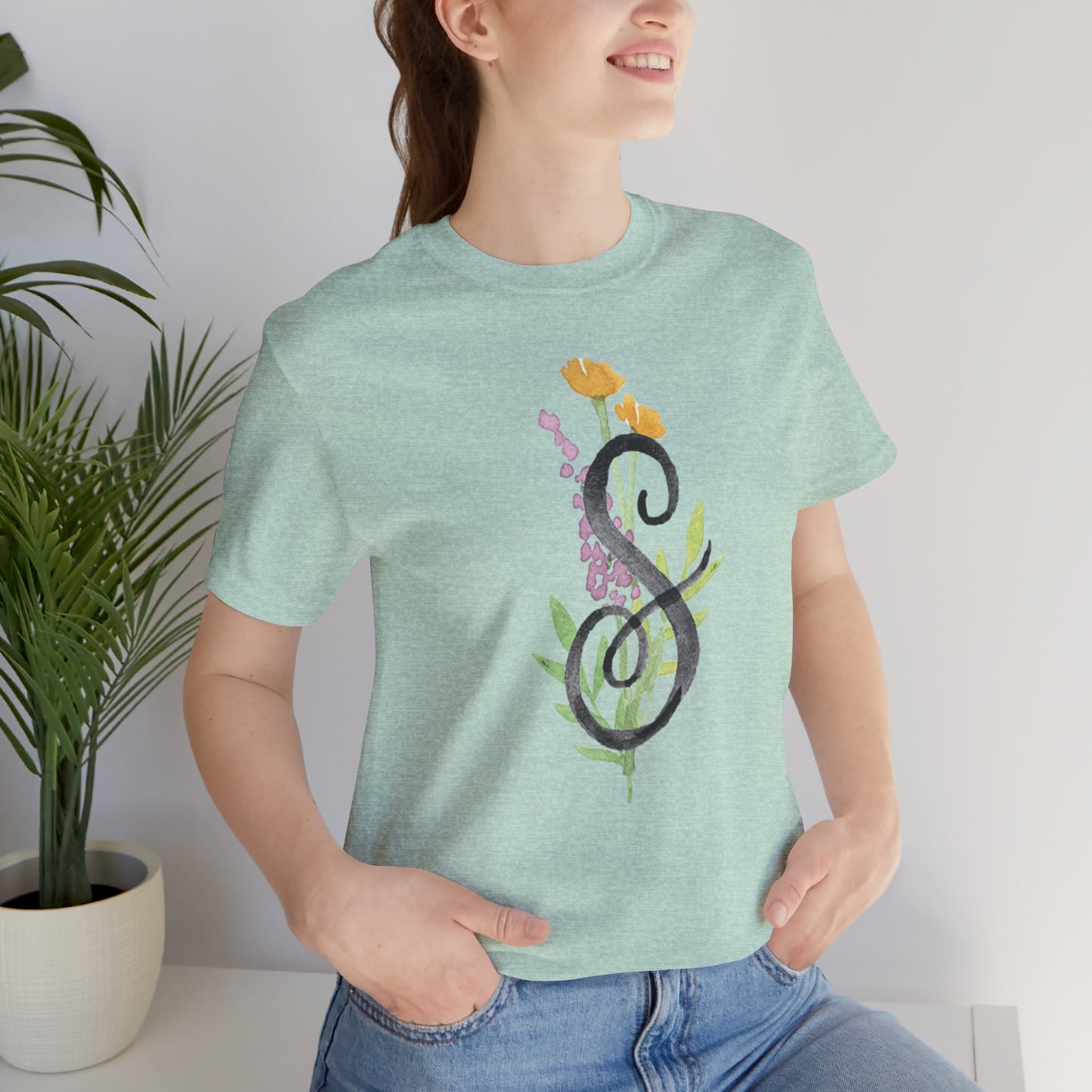 Clothing Stuff > Shirts & Tops > Unisex Jersey Tee Watercolor Flower Letter S T-Shirt – Garden Nerd Tee for Plant Moms