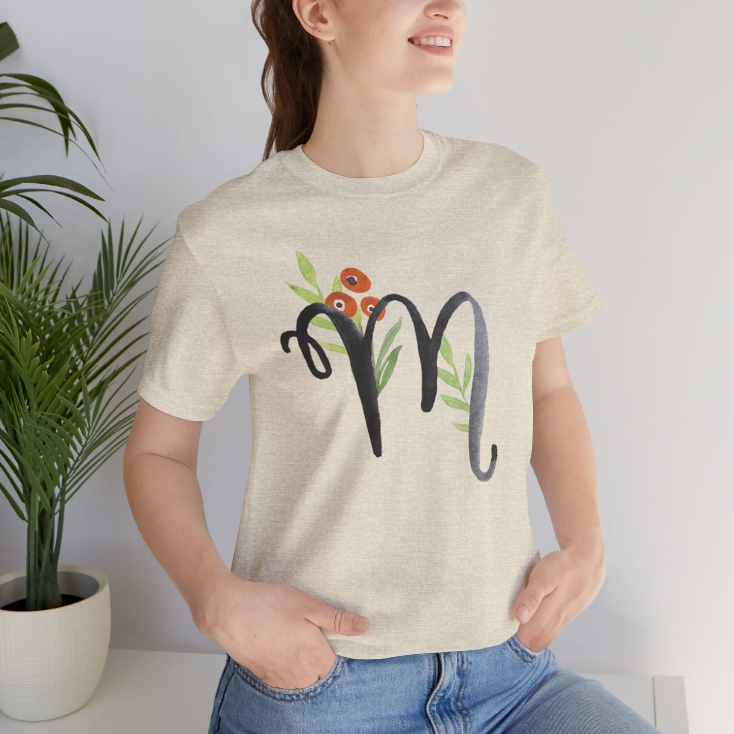 Clothing Stuff > Shirts & Tops > Unisex Jersey Tee Watercolor Flower Letter M T-Shirt – Garden Nerd Tee for Plant Moms