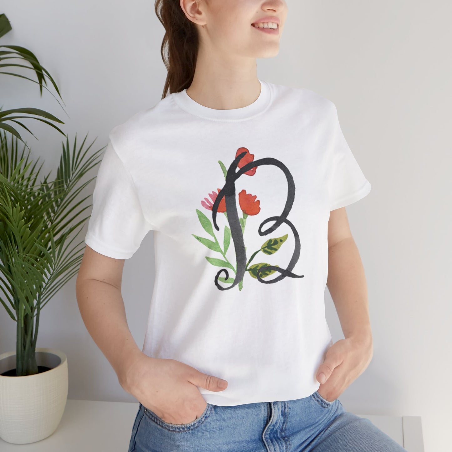 Clothing Stuff > Shirts & Tops > Unisex Jersey Tee Watercolor Flower Letter B T-Shirt – Garden Nerd Tee for Plant Moms