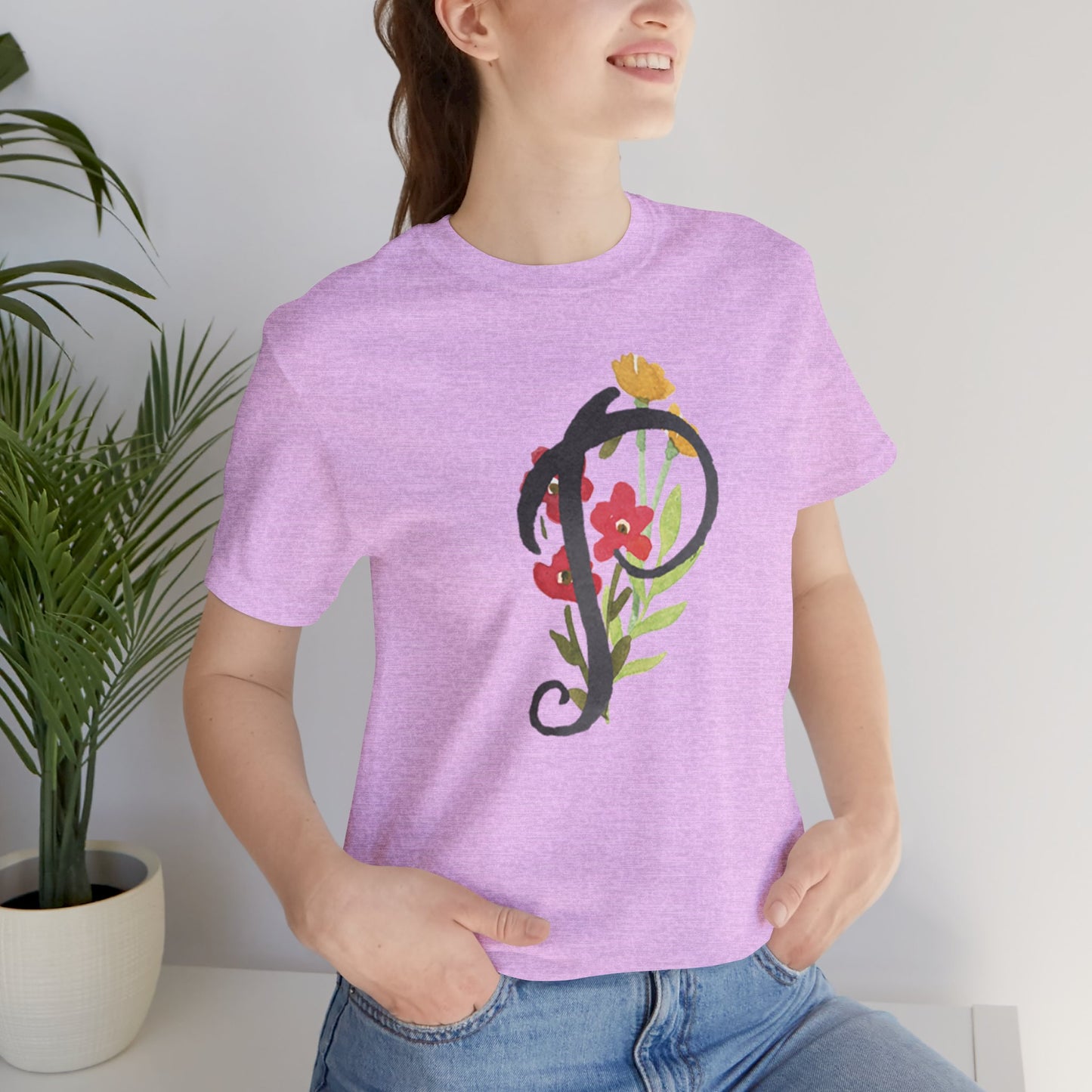 Clothing Stuff > Shirts & Tops > Unisex Jersey Tee Watercolor Flower Letter P T-Shirt – Garden Nerd Tee for Plant Moms