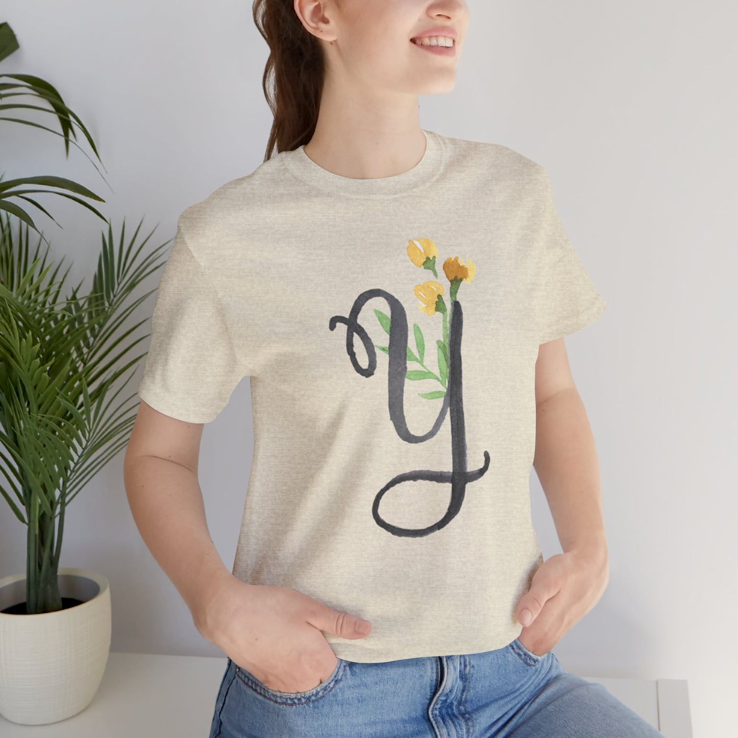 Clothing Stuff > Shirts & Tops > Unisex Jersey Tee Watercolor Flower Letter Y T-Shirt – Garden Nerd Tee for Plant Moms
