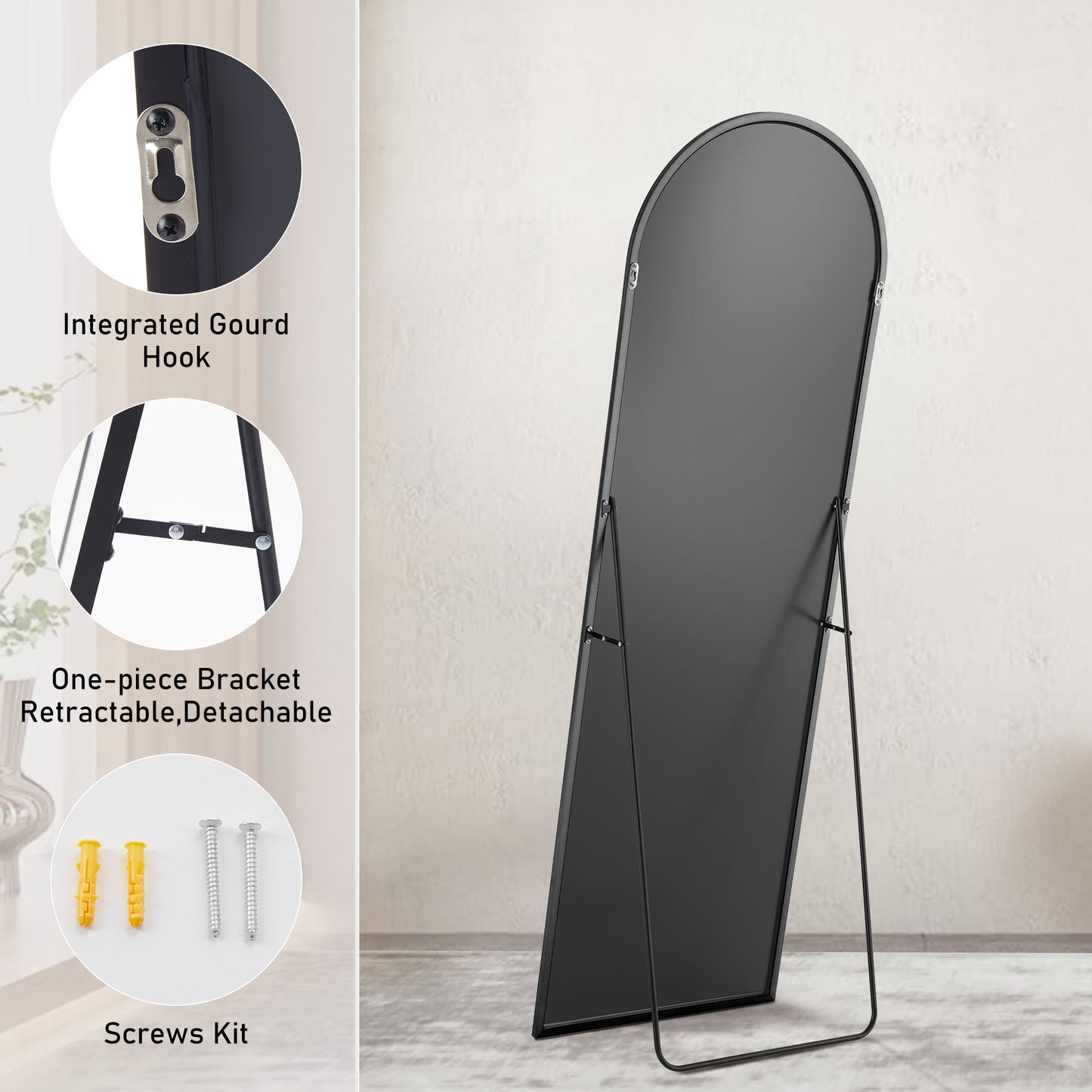 Arched Metal Mirror – Thin Frame Wall or Floor Mirror, 64” – Black or Gold