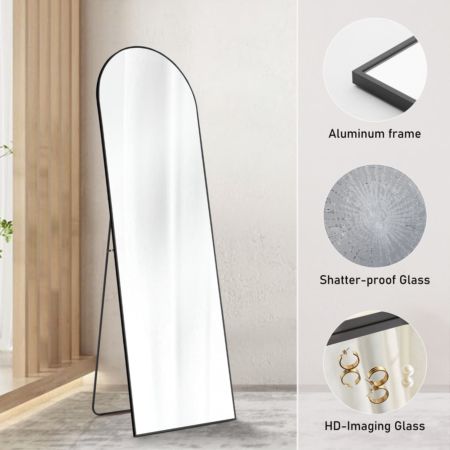 Arched Metal Mirror – Thin Frame Wall or Floor Mirror, 64” – Black or Gold