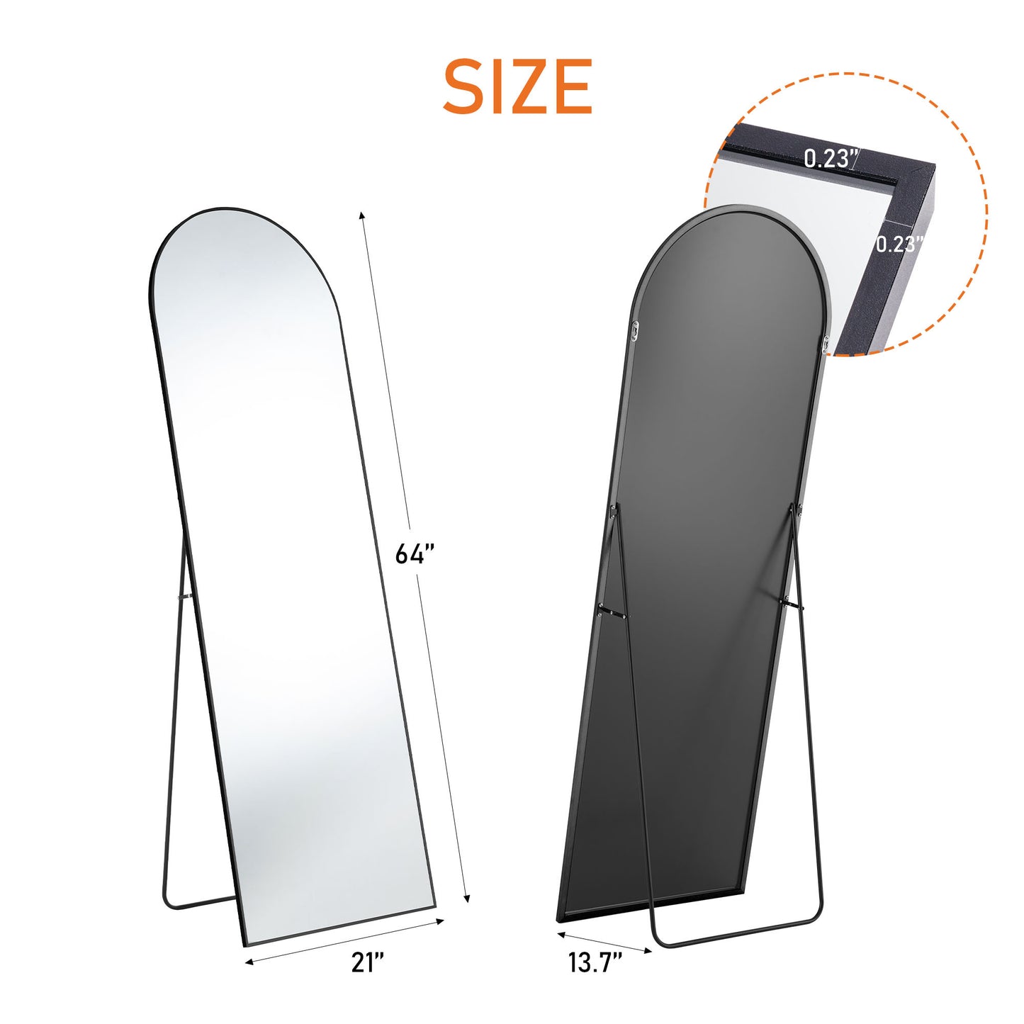 Arched Metal Mirror – Thin Frame Wall or Floor Mirror, 64” – Black or Gold