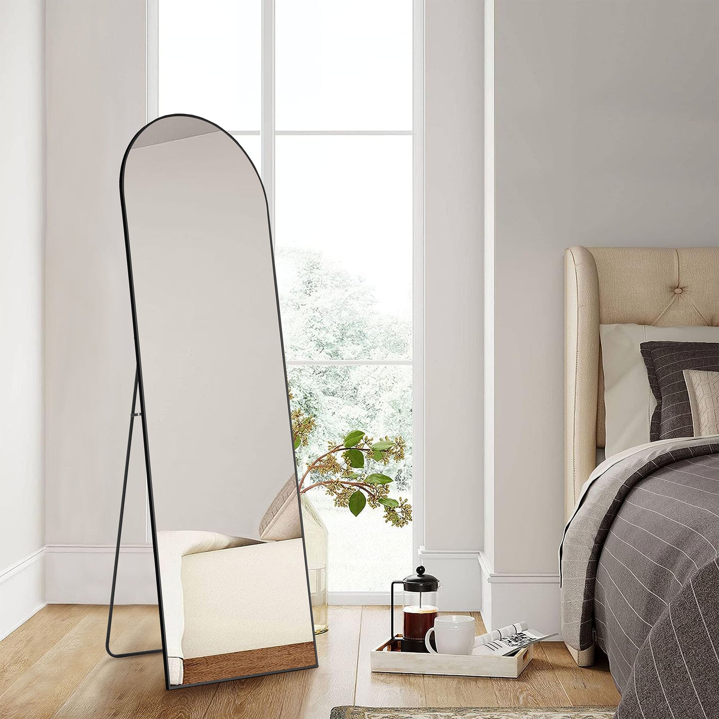 Arched Metal Mirror – Thin Frame Wall or Floor Mirror, 64” – Black or Gold