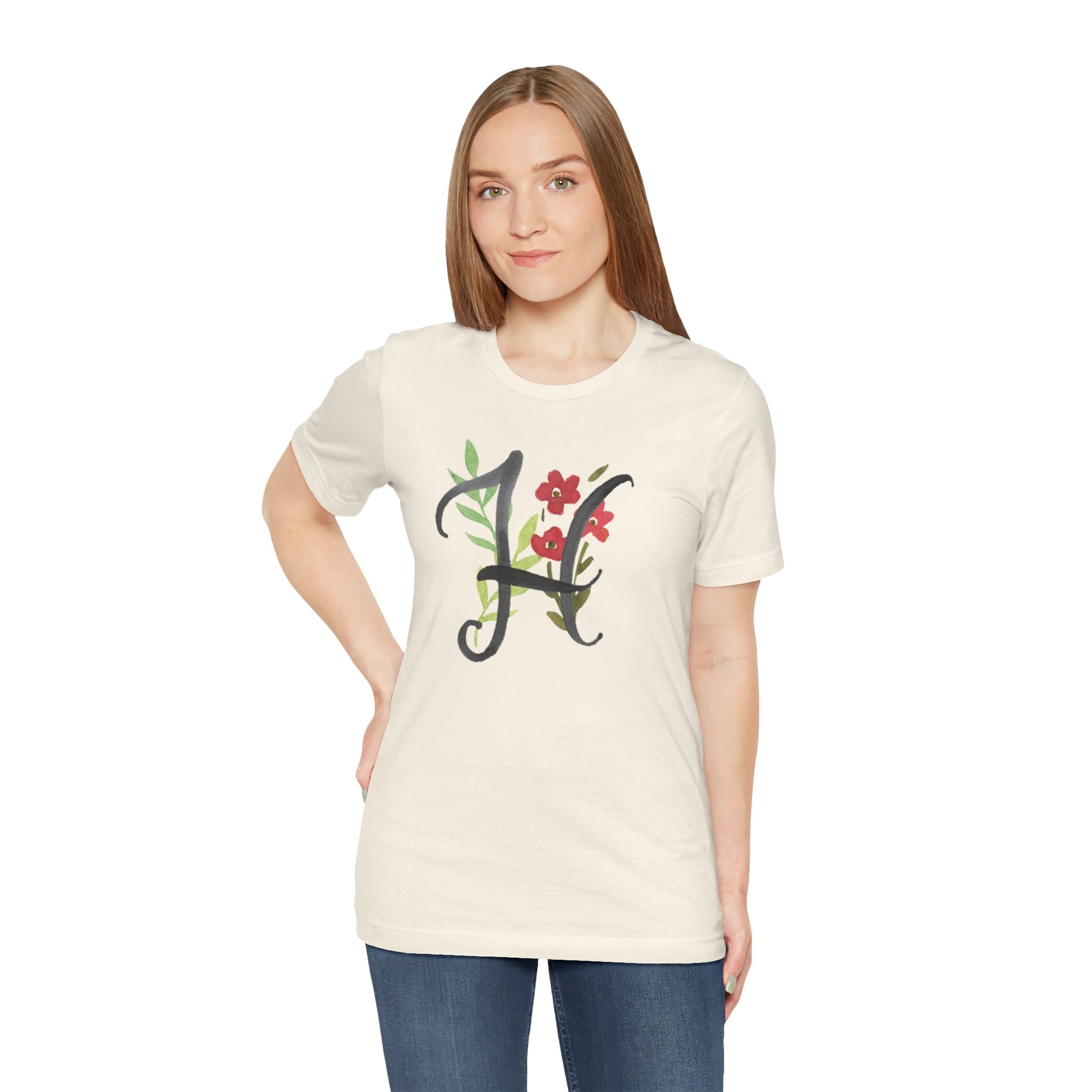 Clothing Stuff > Shirts & Tops > Unisex Jersey Tee Watercolor Flower Letter H T-Shirt – Garden Nerd Tee for Plant Moms