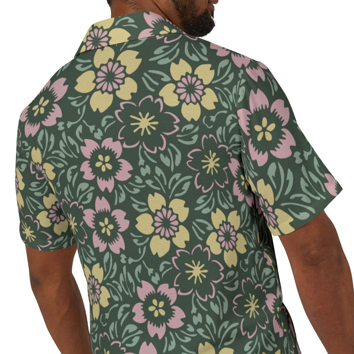 Clothing Stuff > Shirts & Tops > Hawaiian Camp Shirt Floral Camp Shirt | Retro Hawaiian Button-Down with Light Pink & Green Print