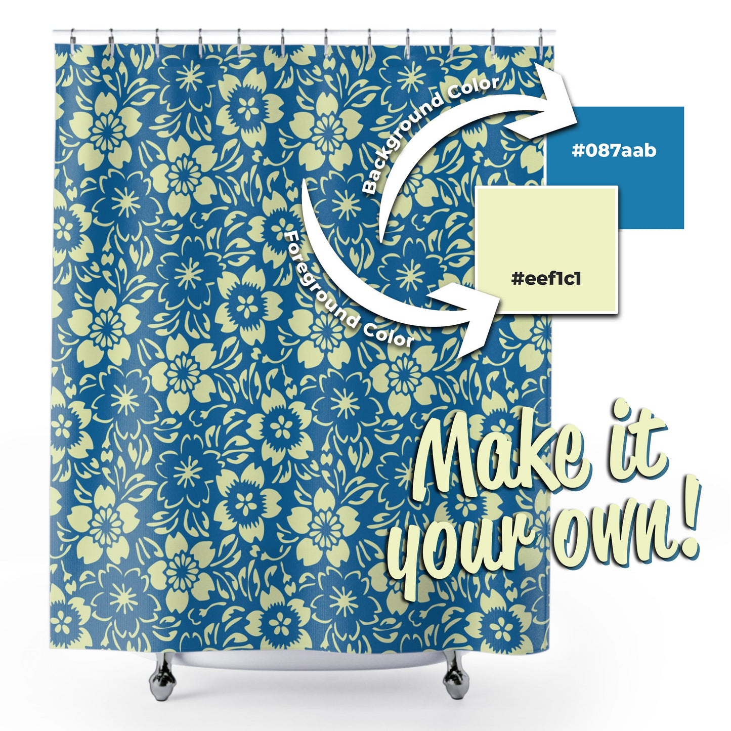 Home Decor Customize Me! Floral Shower Curtain – HEX Color Bathroom Decor, Quick-Dry Polyester
