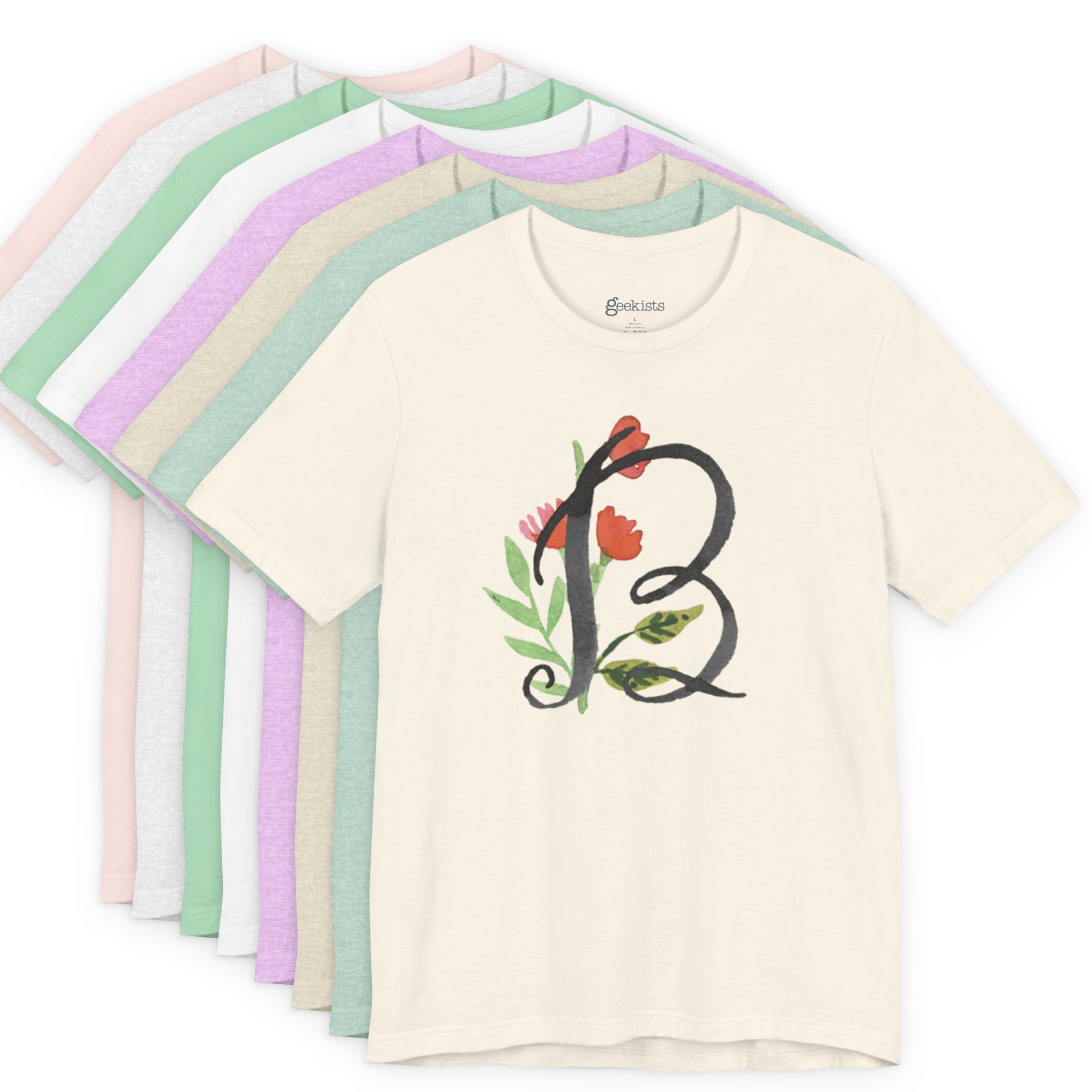 Clothing Stuff > Shirts & Tops > Unisex Jersey Tee Watercolor Flower Letter B T-Shirt – Garden Nerd Tee for Plant Moms