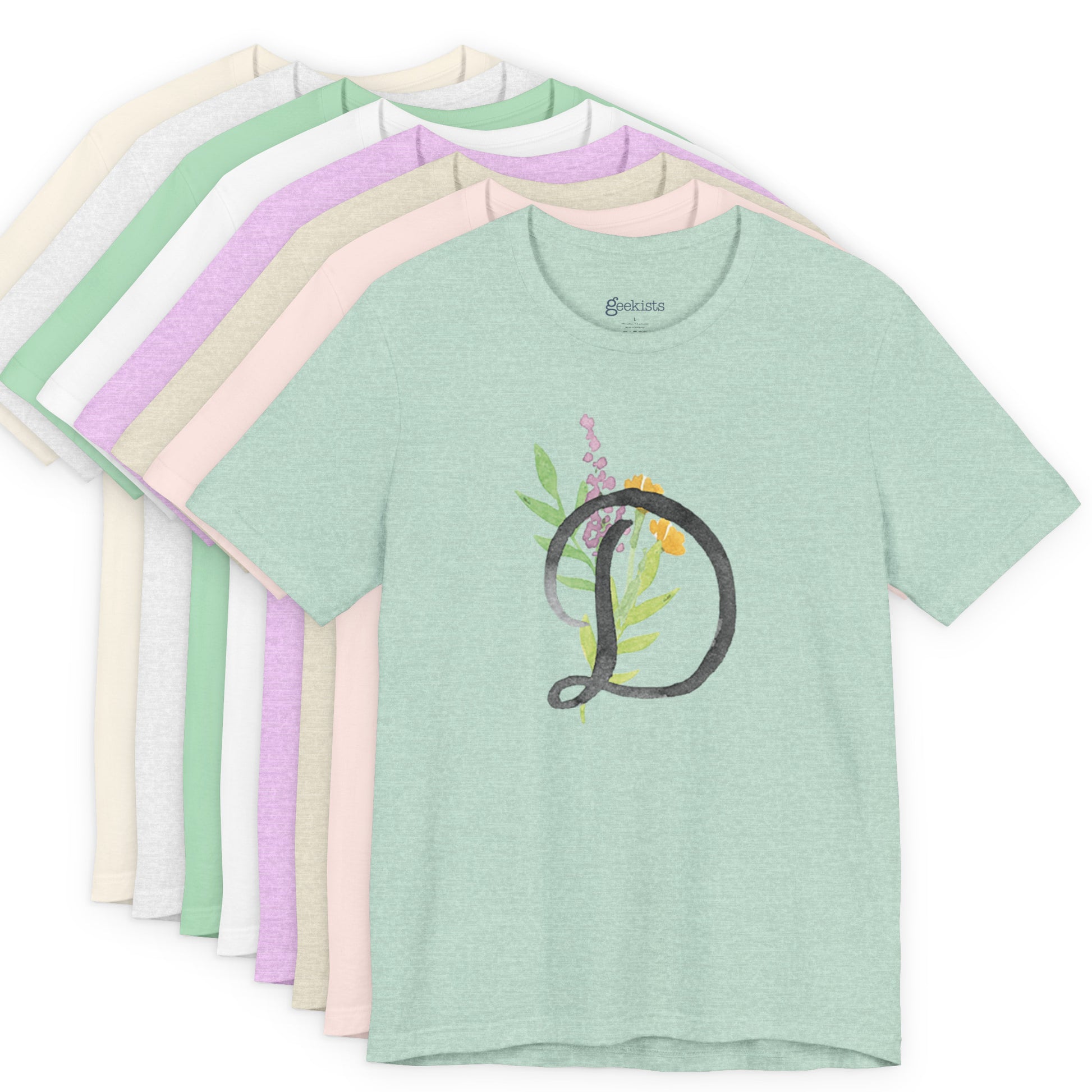Clothing Stuff > Shirts & Tops > Unisex Jersey Tee Watercolor Flower Letter D T-Shirt – Garden Nerd Tee for Plant Moms