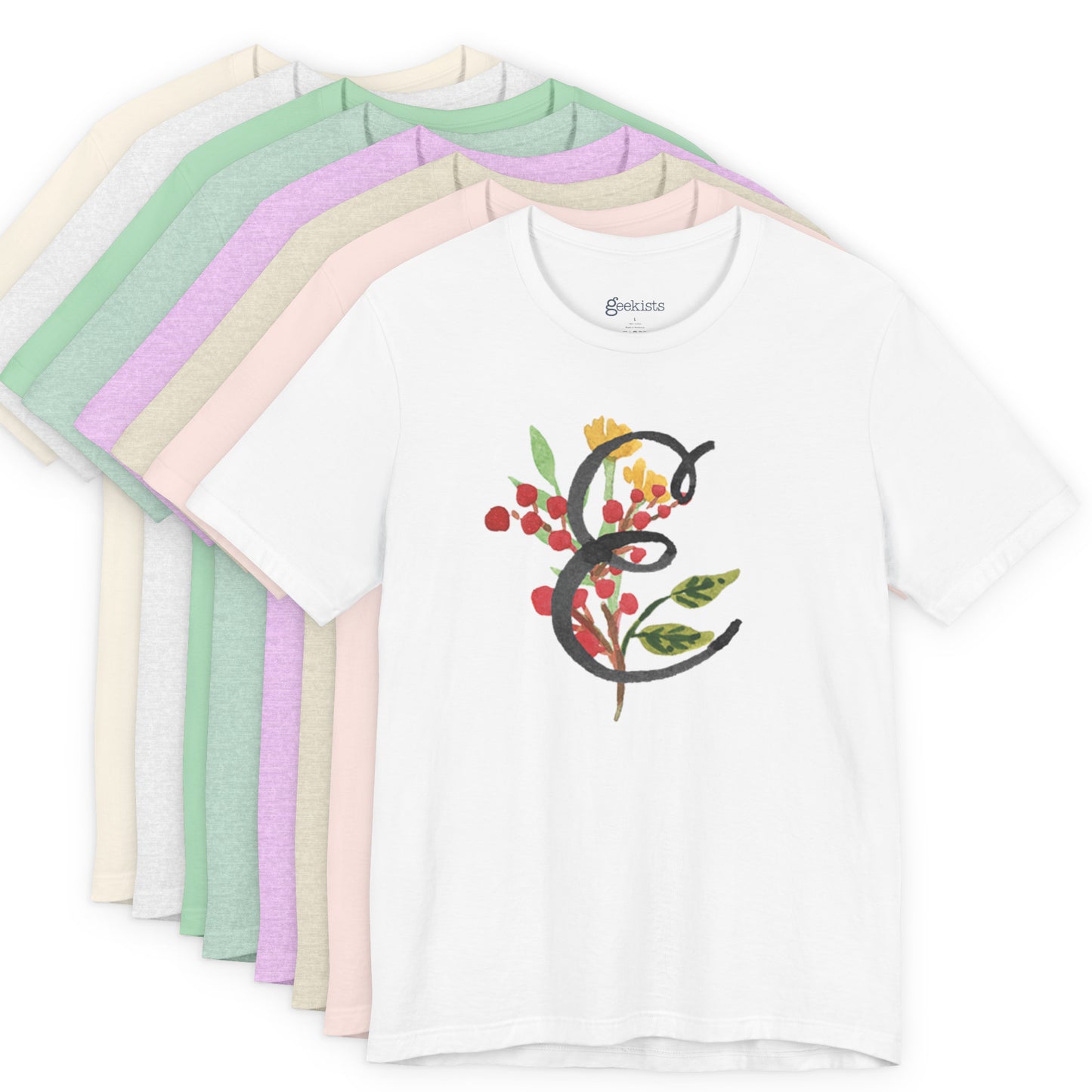 Clothing Stuff > Shirts & Tops > Unisex Jersey Tee Watercolor Flower Letter E T-Shirt – Garden Nerd Tee for Plant Moms