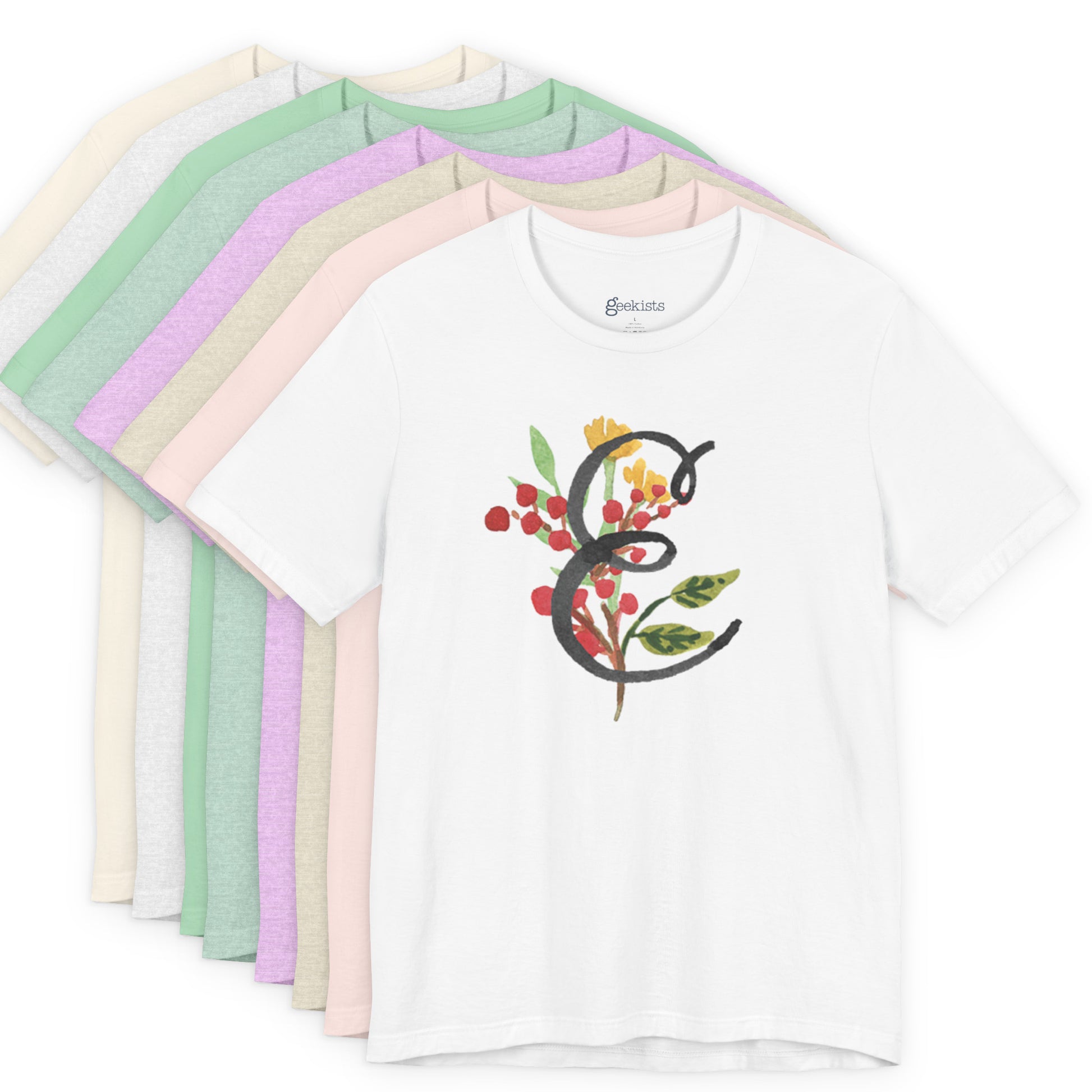 Clothing Stuff > Shirts & Tops > Unisex Jersey Tee Watercolor Flower Letter E T-Shirt – Garden Nerd Tee for Plant Moms
