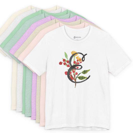 Clothing Stuff > Shirts & Tops > Unisex Jersey Tee Watercolor Flower Letter E T-Shirt – Garden Nerd Tee for Plant Moms