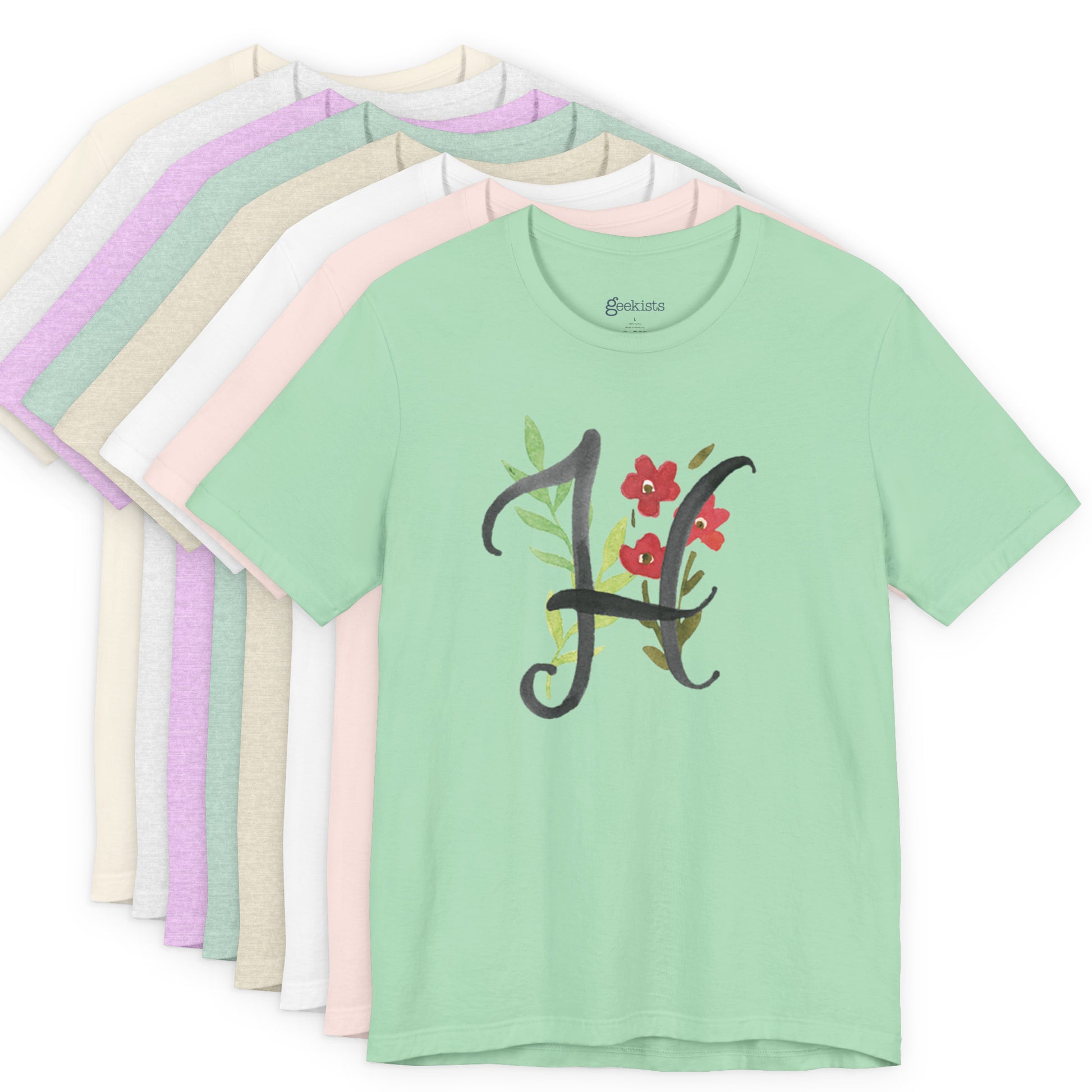 Clothing Stuff > Shirts & Tops > Unisex Jersey Tee Watercolor Flower Letter H T-Shirt – Garden Nerd Tee for Plant Moms