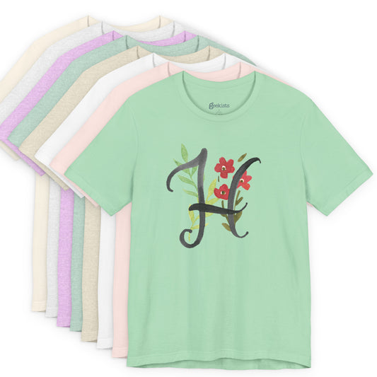 Clothing Stuff > Shirts & Tops > Unisex Jersey Tee Watercolor Flower Letter H T-Shirt – Garden Nerd Tee for Plant Moms