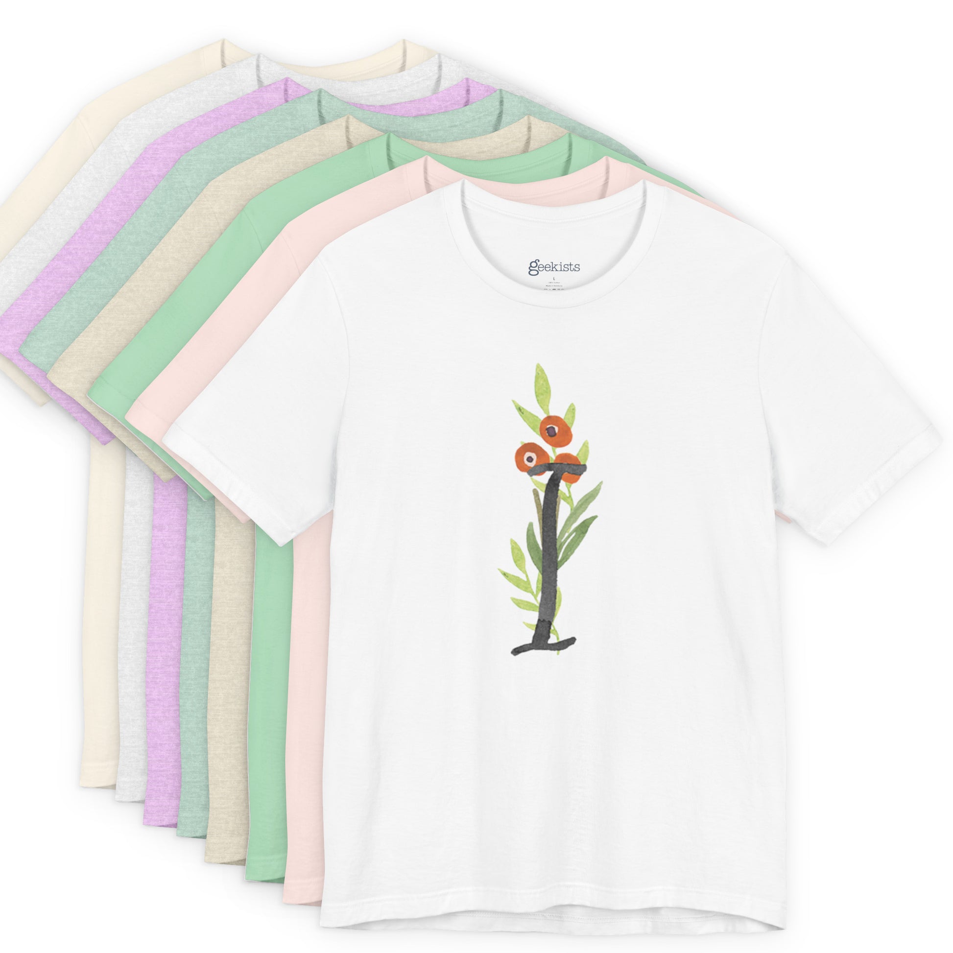 Clothing Stuff > Shirts & Tops > Unisex Jersey Tee Watercolor Flower Letter I T-Shirt – Garden Nerd Tee for Plant Moms