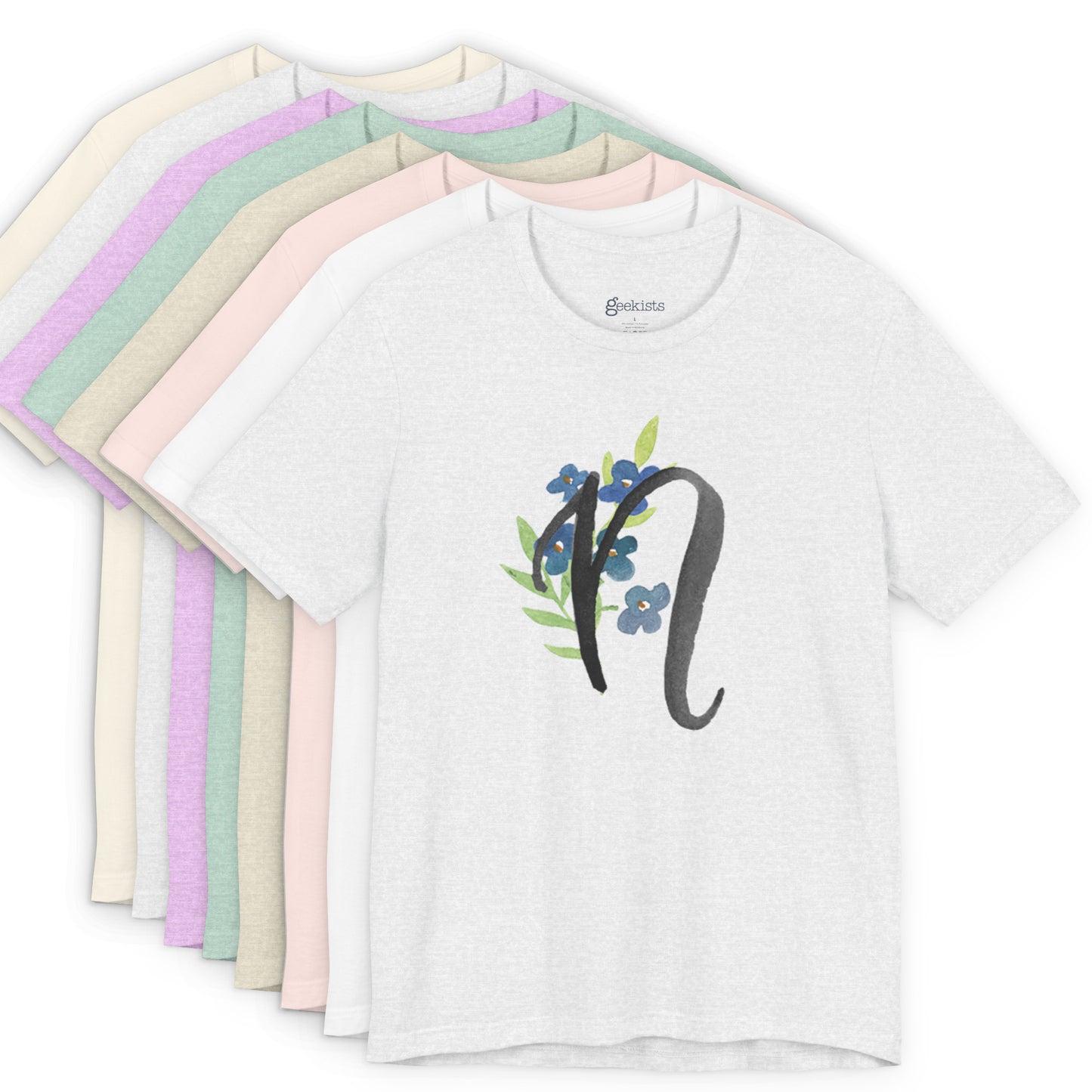 Clothing Stuff > Shirts & Tops > Unisex Jersey Tee Watercolor Flower Letter N T-Shirt – Garden Nerd Tee for Plant Moms
