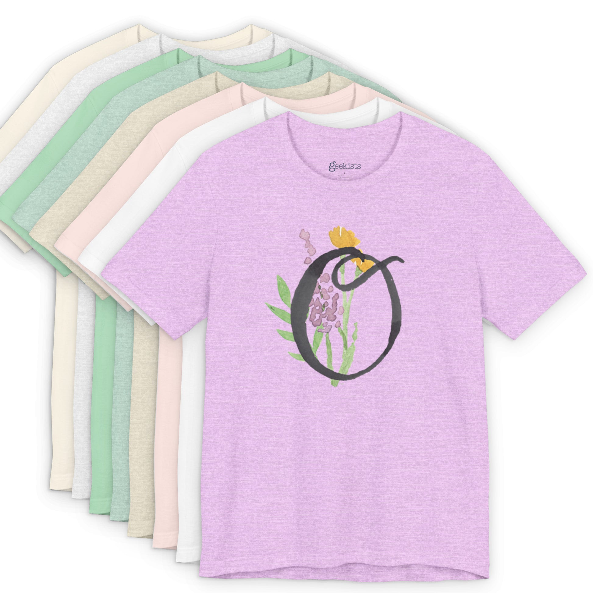 Clothing Stuff > Shirts & Tops > Unisex Jersey Tee Watercolor Flower Letter O T-Shirt – Garden Nerd Tee for Plant Moms